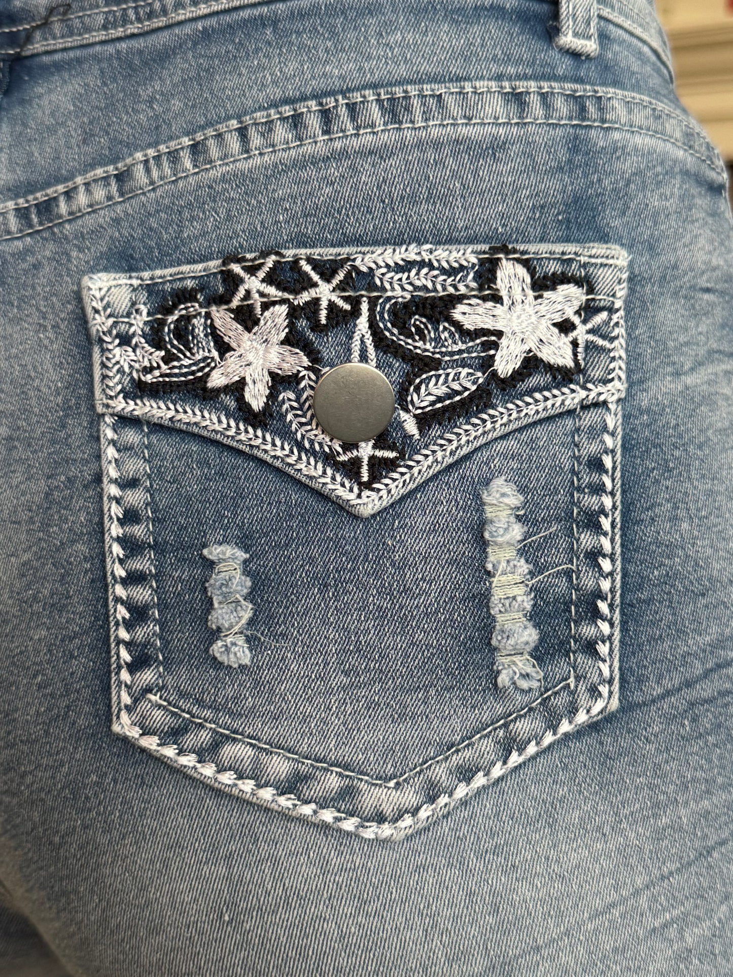 Embroidered Denim Jean Shorts - High Waist, Frayed Hem, Multiple Pockets, Stretchy Rayon Fabric