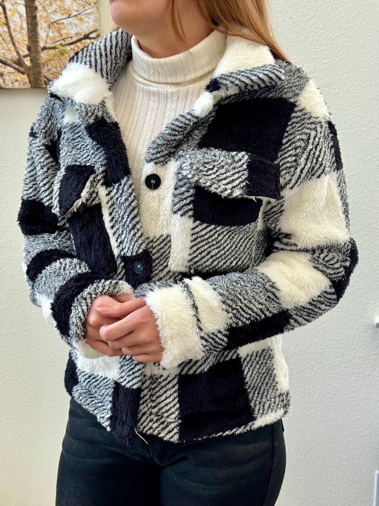 Plaid Button Front Teddy Coat, Casual, Soft, Comfortable Long Sleeve Coat For Winter & Spring, Women's Clothing