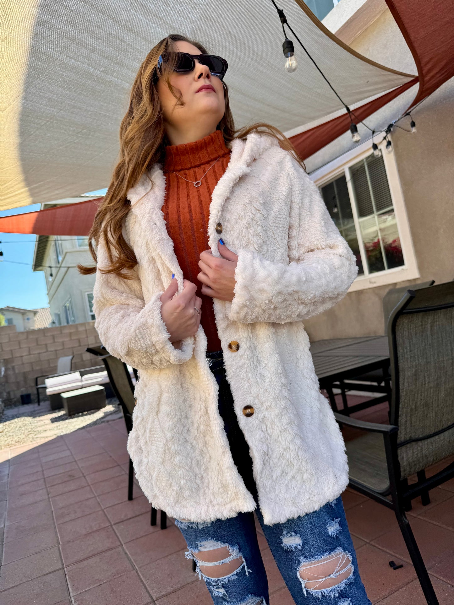 Solid Button Up Hooded Teddy Coat, Elegant Long Sleeve Split Side Faux Fur Outwear Jacket,Women's Clothing, Teddy Winter and Spring Jackets Womenswear Comfort, Cozy Plush Fuzzy Sherpa Faux Shearling Coat