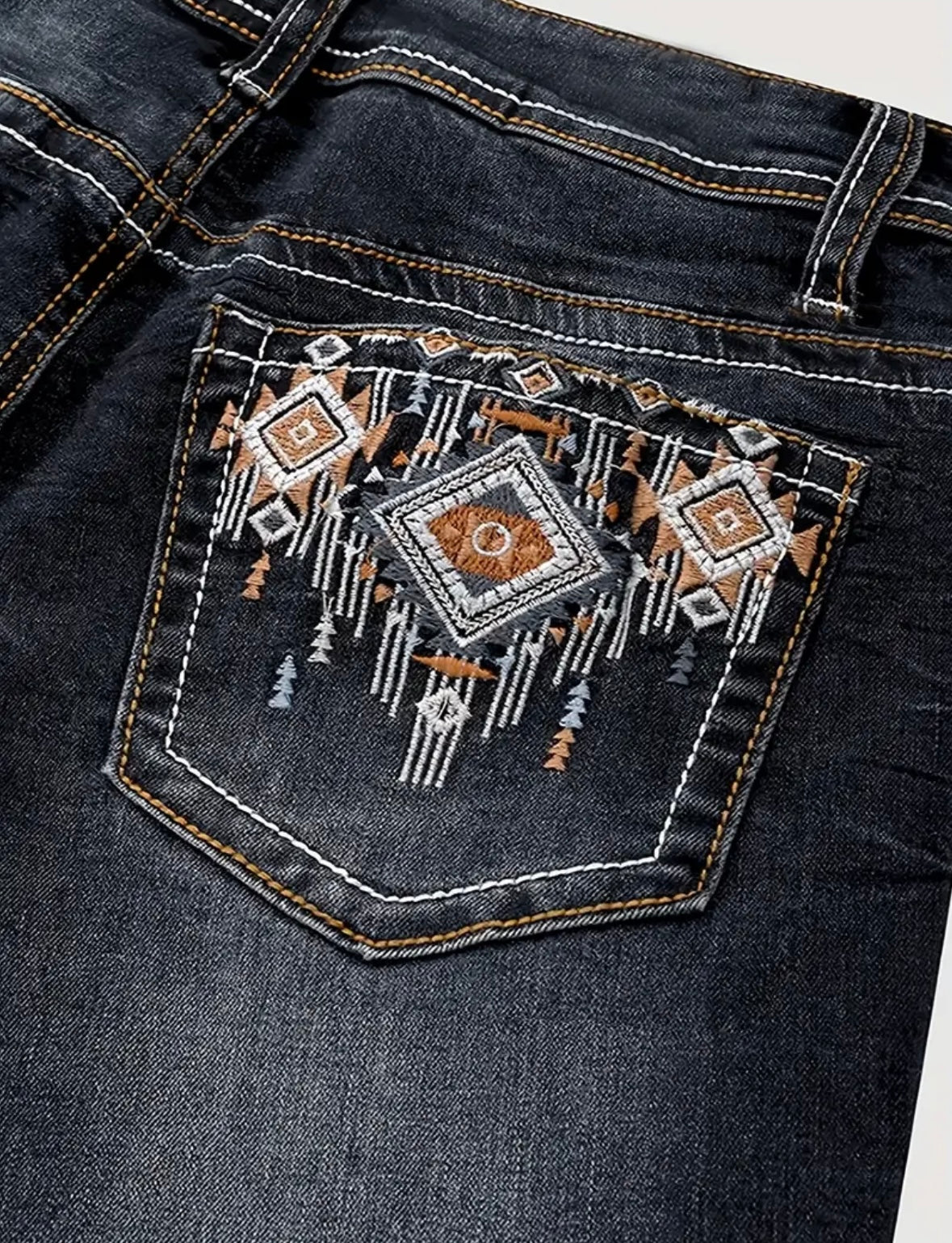 Embroidery Detail Patch Pocket Retro Style Jeans, Midrise Jeans, Whiskering Zipper Button Closure Denim Pants, Women's Mid-Rise Denim Jeans & Clothing