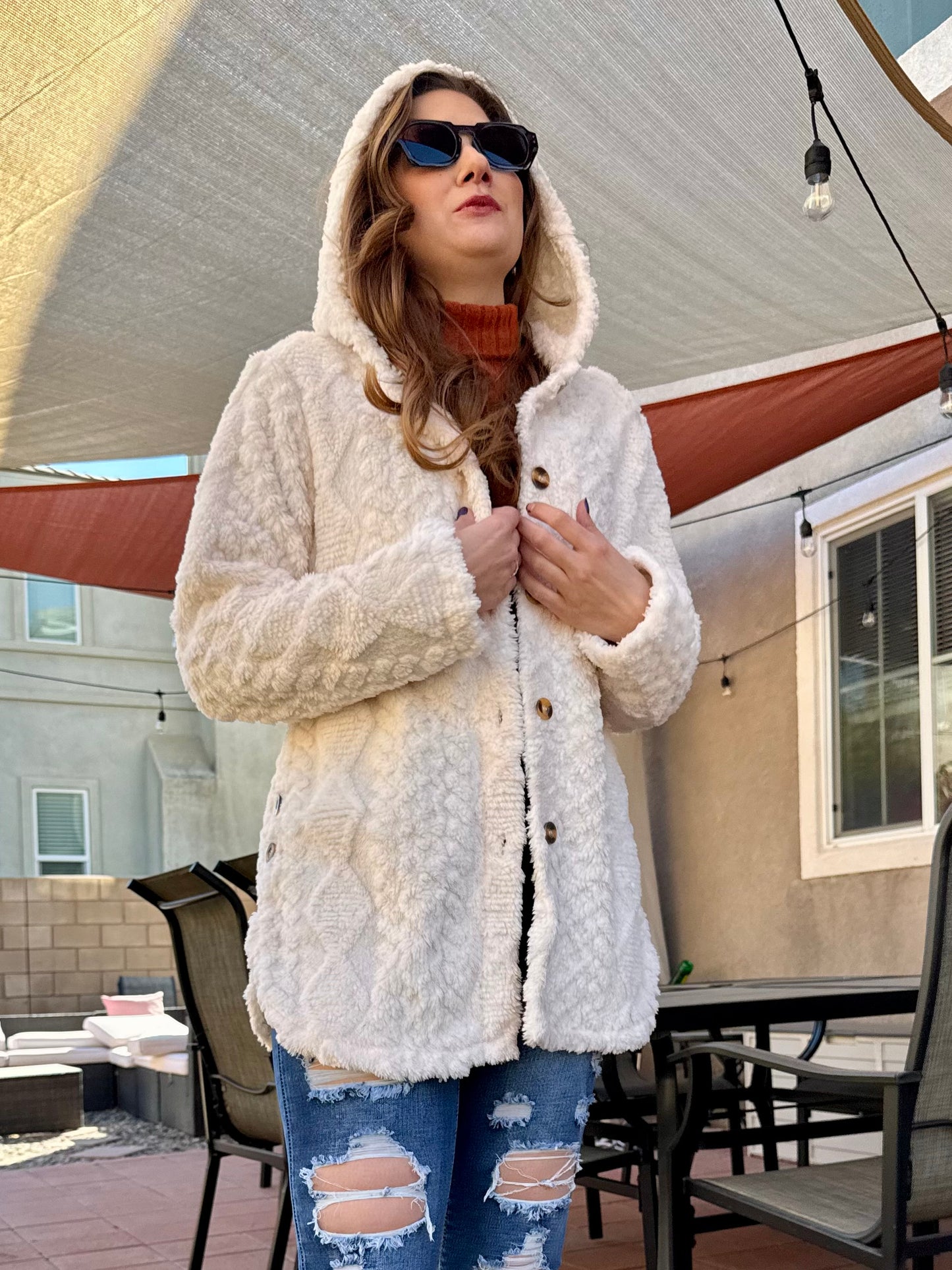 Solid Button Up Hooded Teddy Coat, Elegant Long Sleeve Split Side Faux Fur Outwear Jacket,Women's Clothing, Teddy Winter and Spring Jackets Womenswear Comfort, Cozy Plush Fuzzy Sherpa Faux Shearling Coat