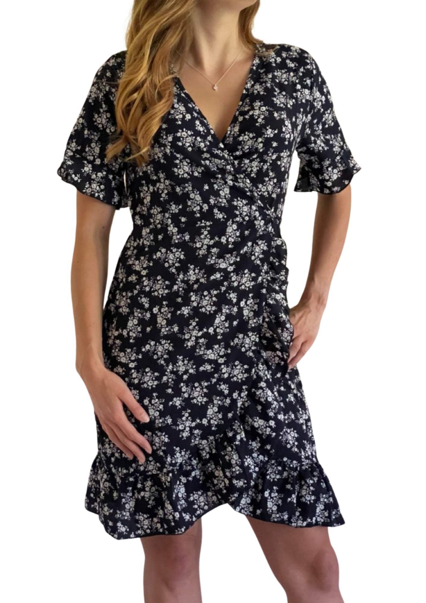 Fun Floral Print Navy Blue Tying Wrap Dress with Ruffles Dress, Beach Dress, Vacation Dress