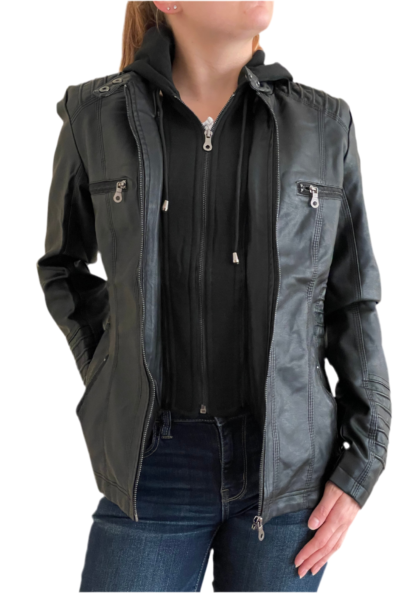 Women's Black Leather Jacket with Removable Hood