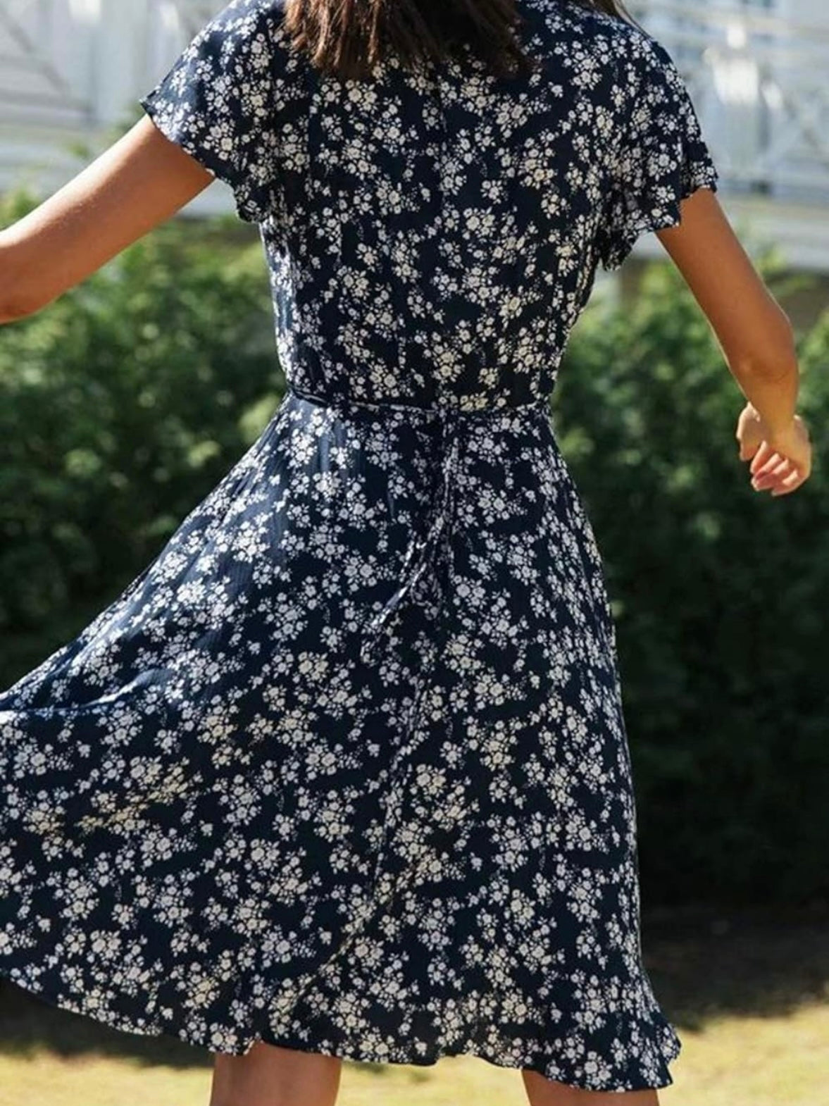 Fun Floral Print Navy Blue Tying Wrap Dress with Ruffles Dress, Beach Dress, Vacation Dress