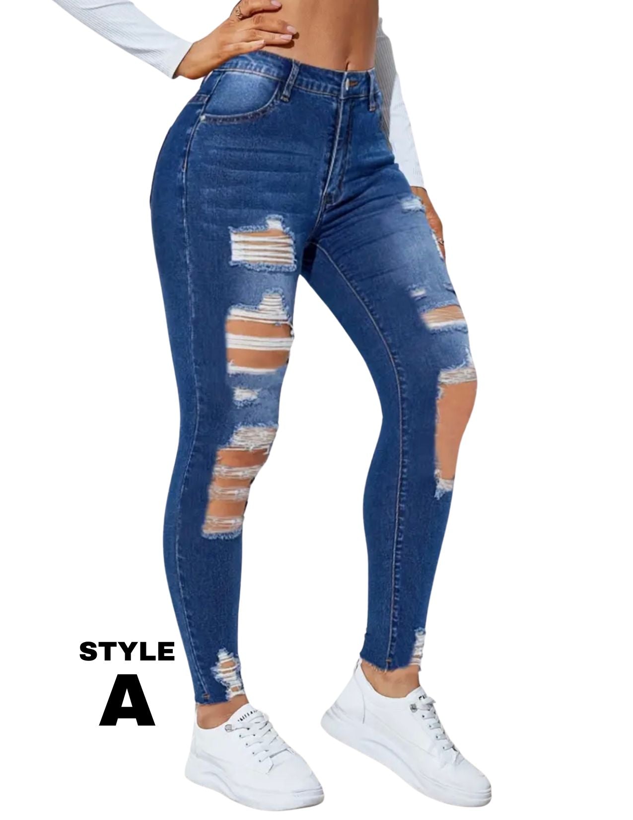 Stretchy Ripped Skinny Jeans, Water Ripple High Stretch Deep Blue Denim Pants, Casual Street Stylish Pants For Every Day, Women's Denim Jeans & Clothing
