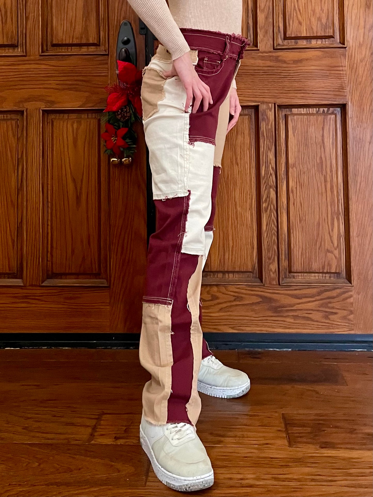 High Rise Slim Fit Brown Patchwork Jeans