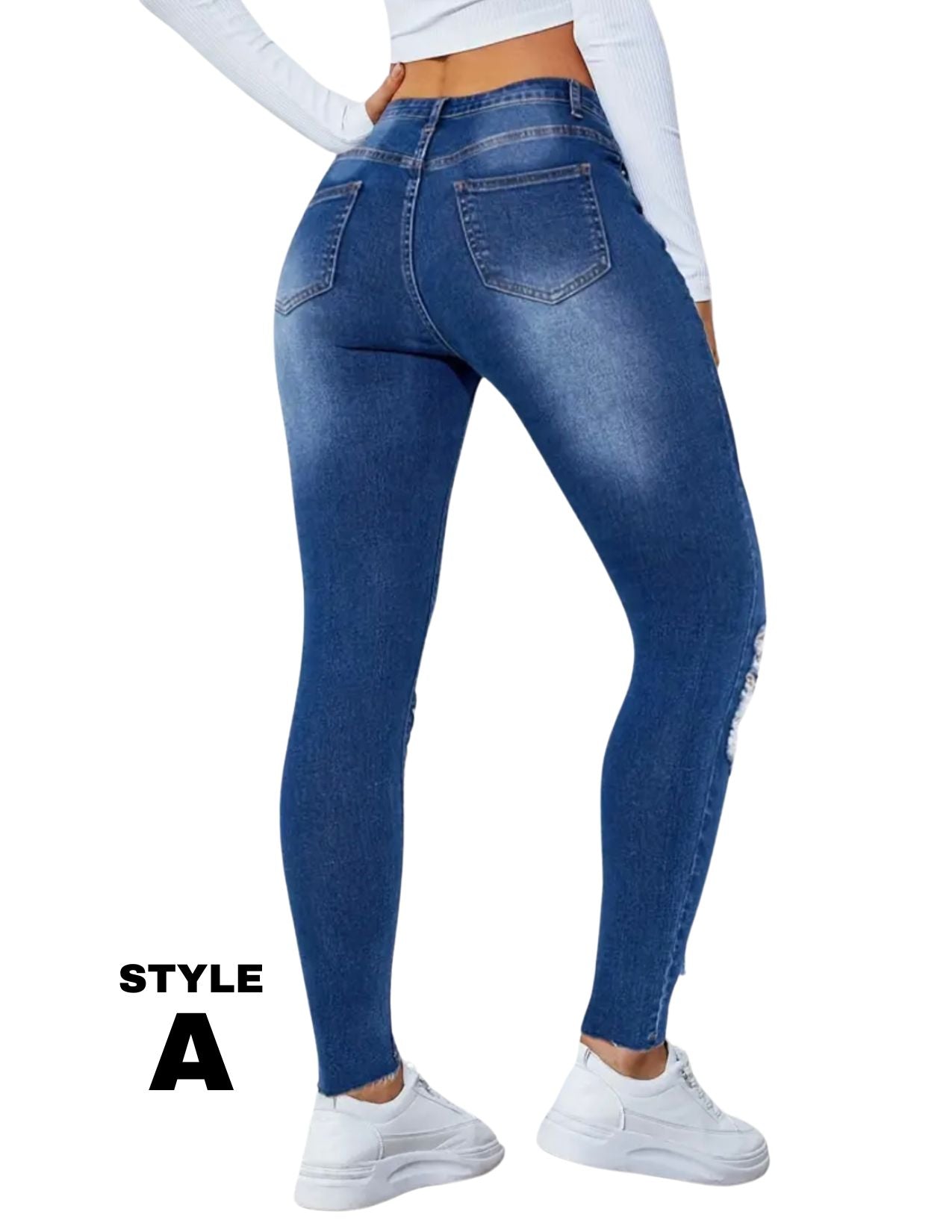 Stretchy Ripped Skinny Jeans, Water Ripple High Stretch Deep Blue Denim Pants, Casual Street Stylish Pants For Every Day, Women's Denim Jeans & Clothing