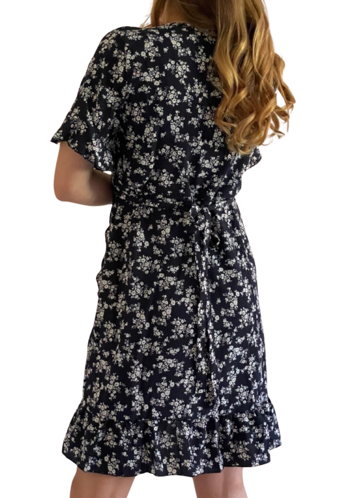 Fun Floral Print Navy Blue Tying Wrap Dress with Ruffles Dress, Beach Dress, Vacation Dress