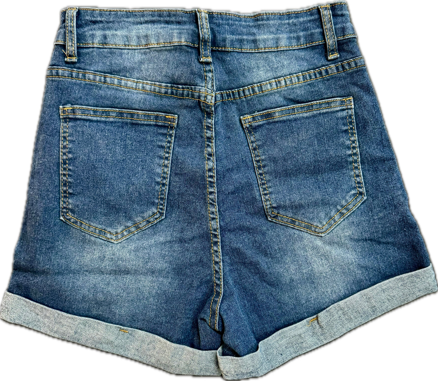 High Rise Waist Distressed Stretchy Denim Blue Jean Shorts with Rolled Hem