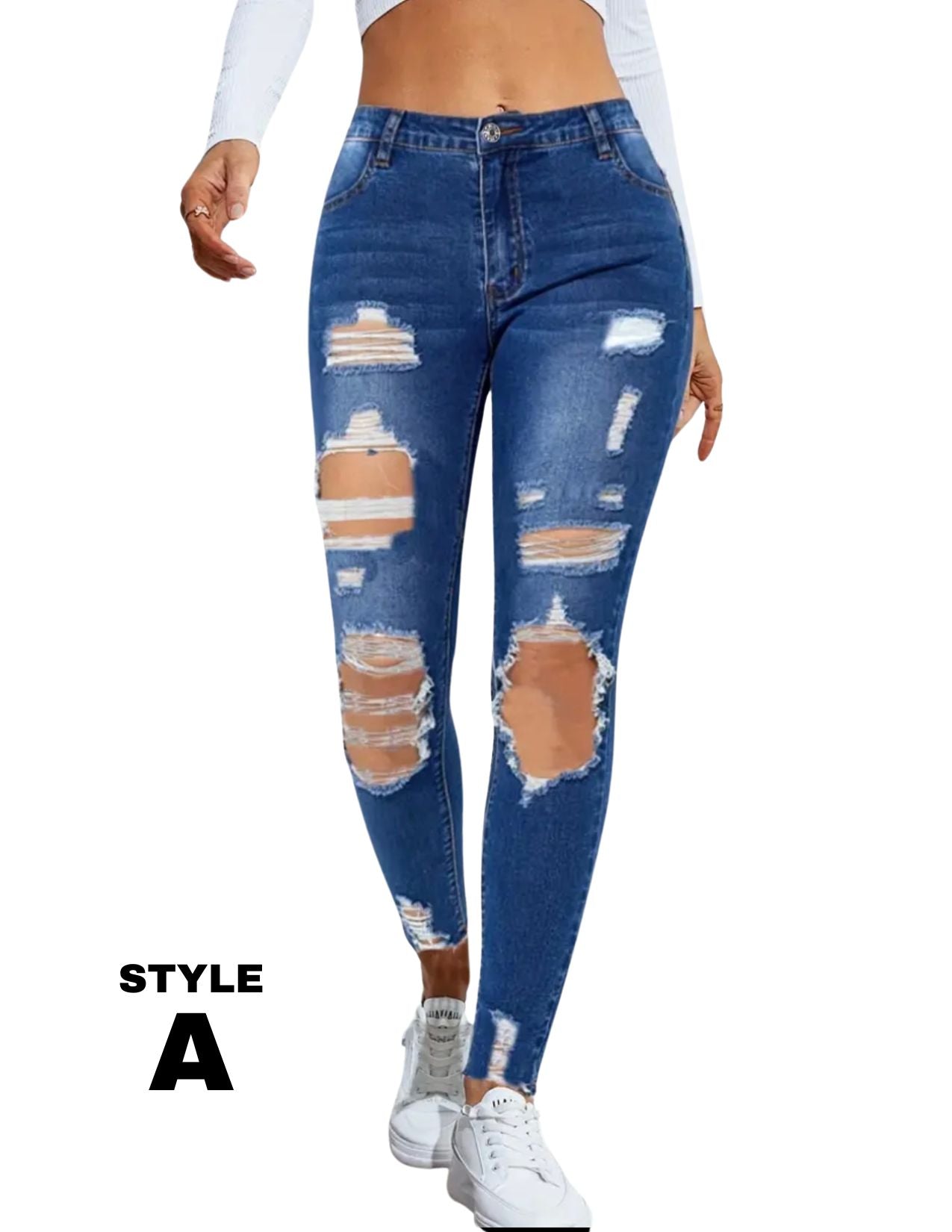 Stretchy Ripped Skinny Jeans, Water Ripple High Stretch Deep Blue Denim Pants, Casual Street Stylish Pants For Every Day, Women's Denim Jeans & Clothing