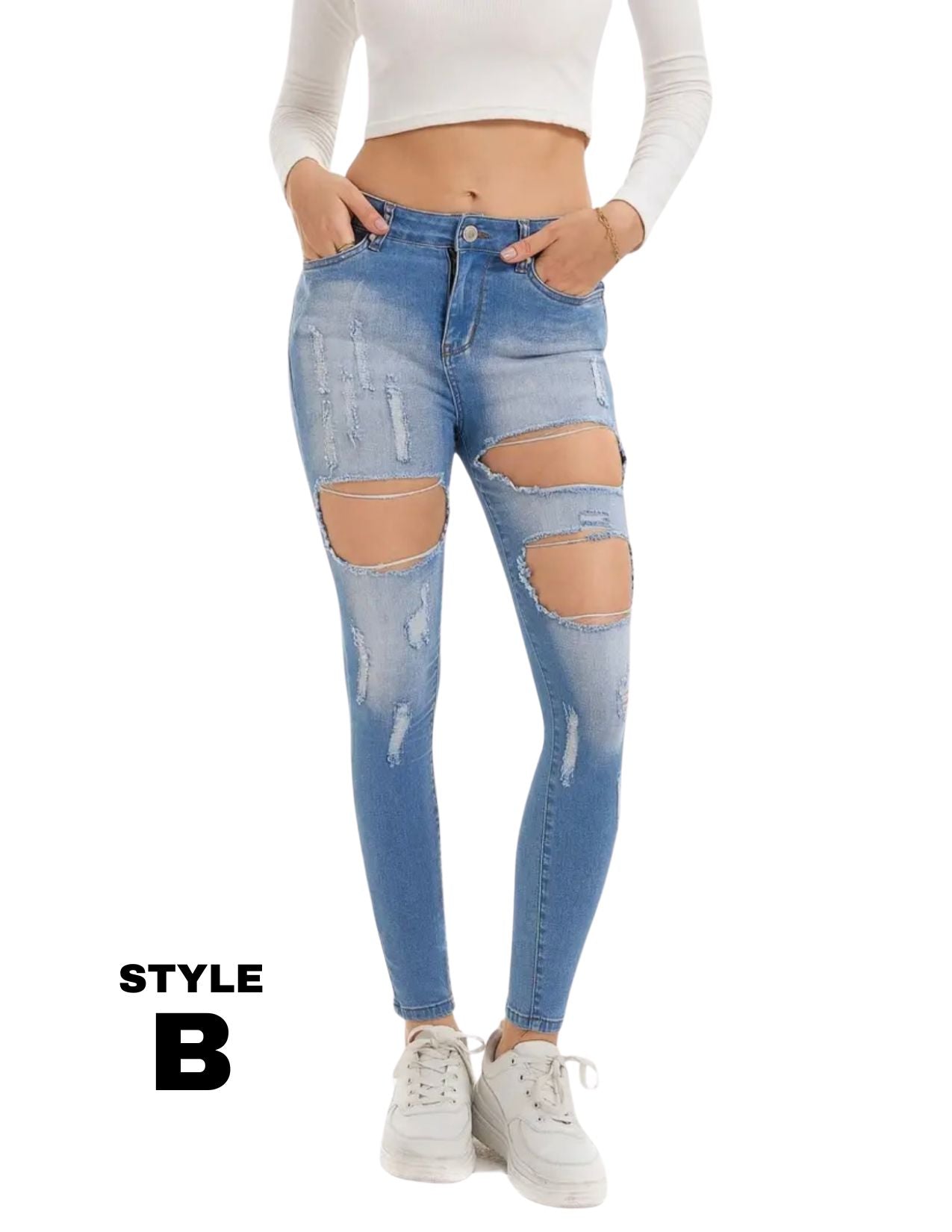 Stretchy Ripped Skinny Jeans, Water Ripple High Stretch Deep Blue Denim Pants, Casual Street Stylish Pants For Every Day, Women's Denim Jeans & Clothing