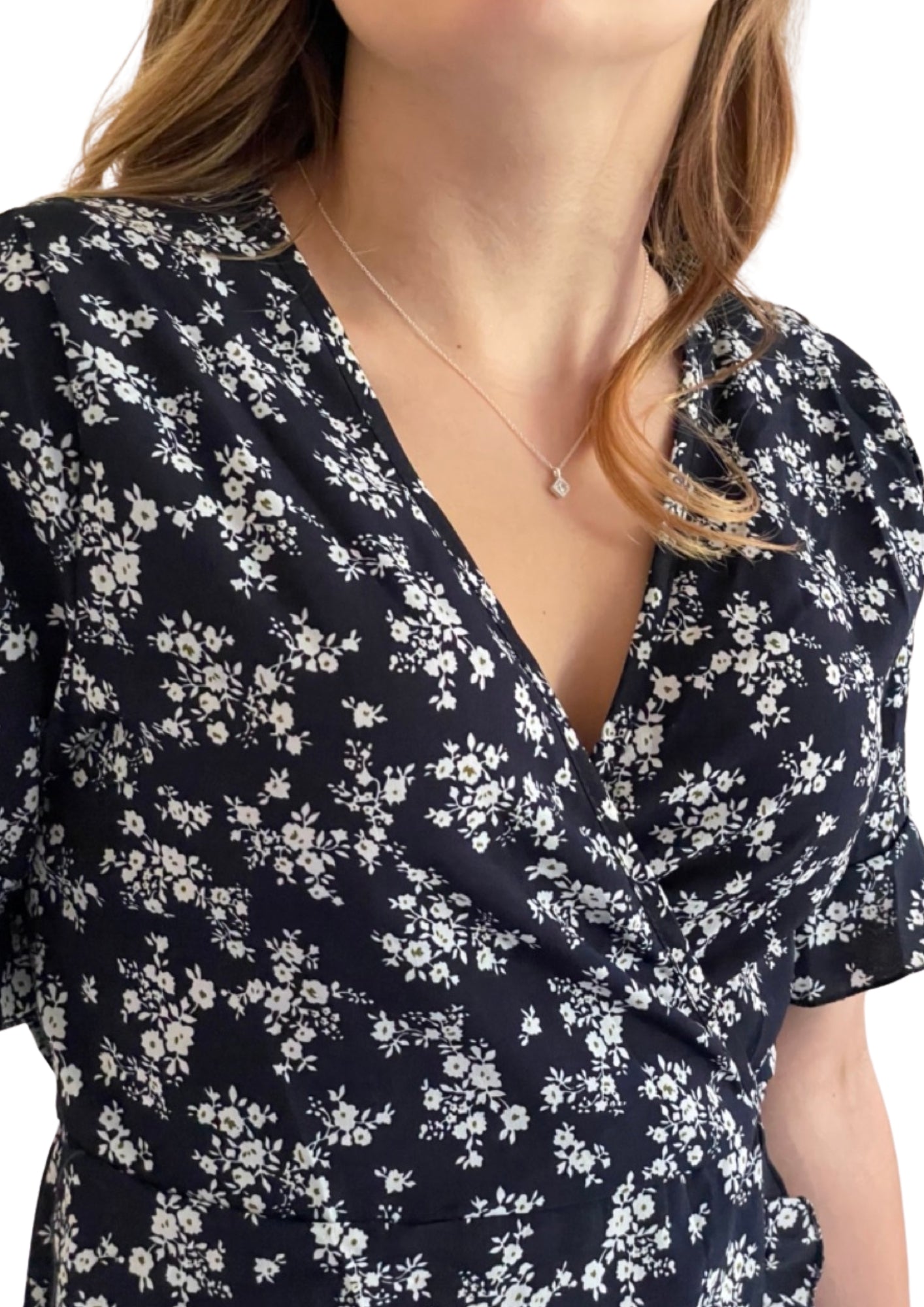 Fun Floral Print Navy Blue Tying Wrap Dress with Ruffles Dress, Beach Dress, Vacation Dress