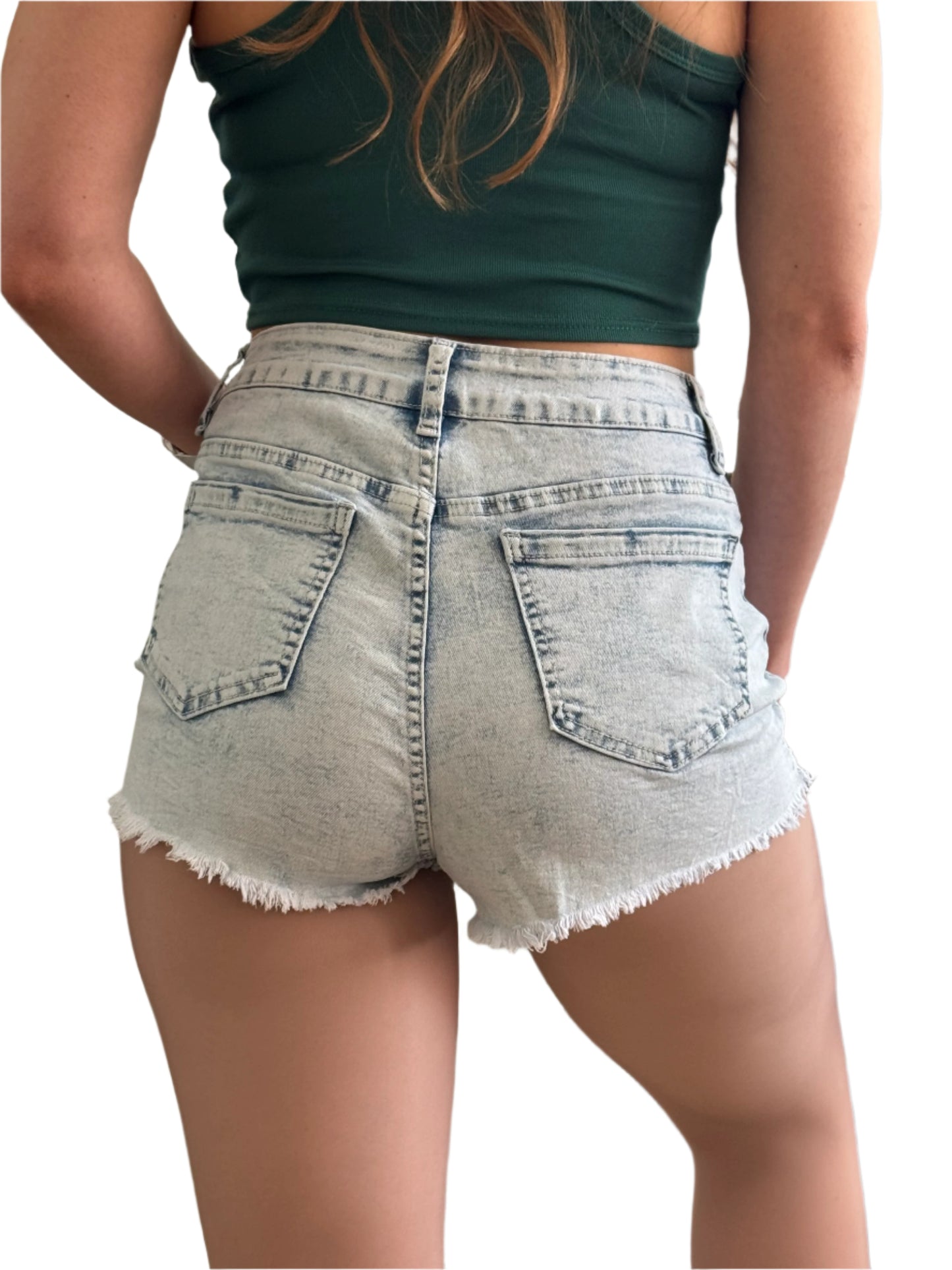 Stretchy Mid Rise Light Washed Blue Denim Jean Shorts with Frayed Hem and Comfortable Fit