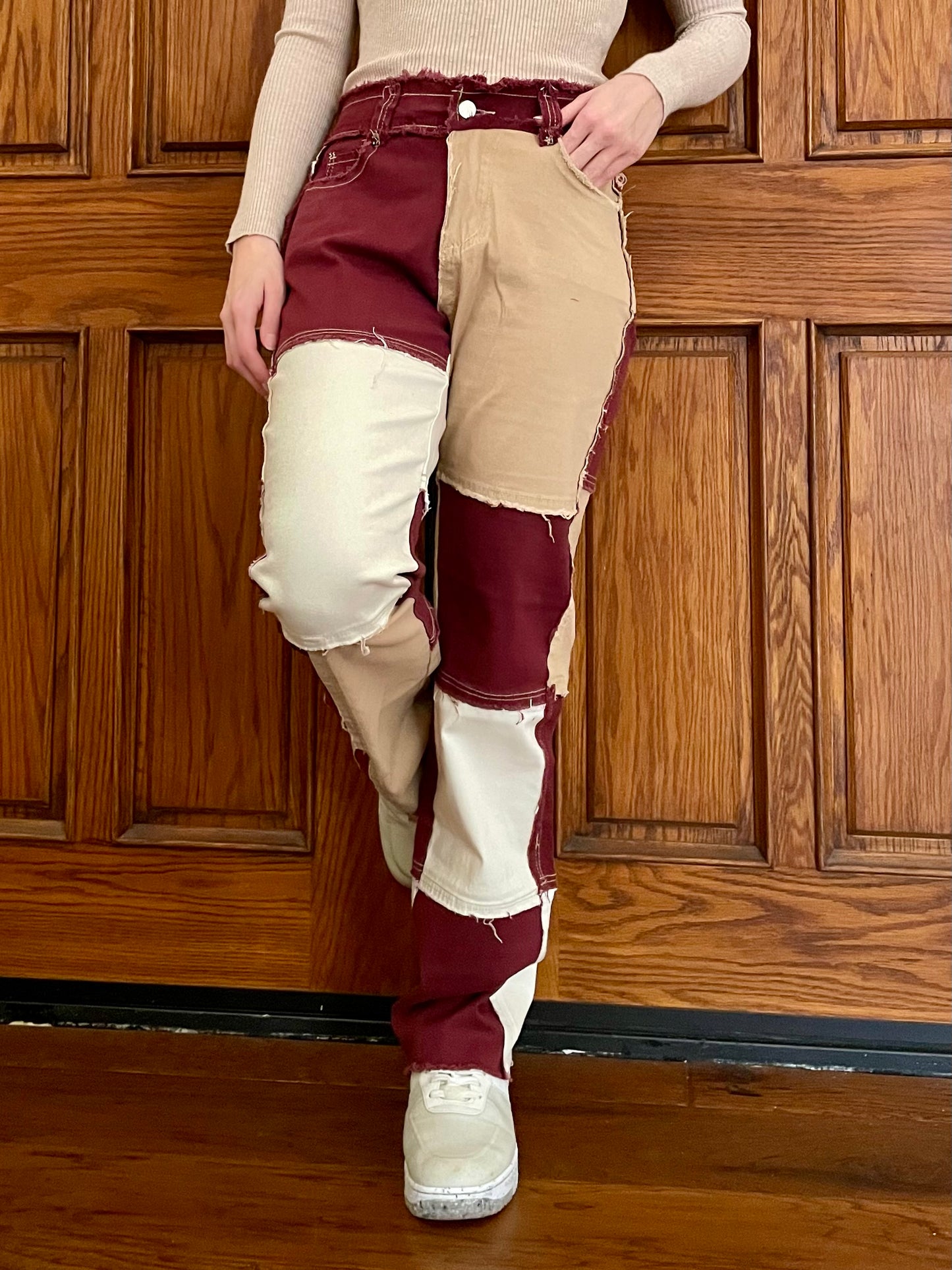 High Rise Slim Fit Brown Patchwork Jeans