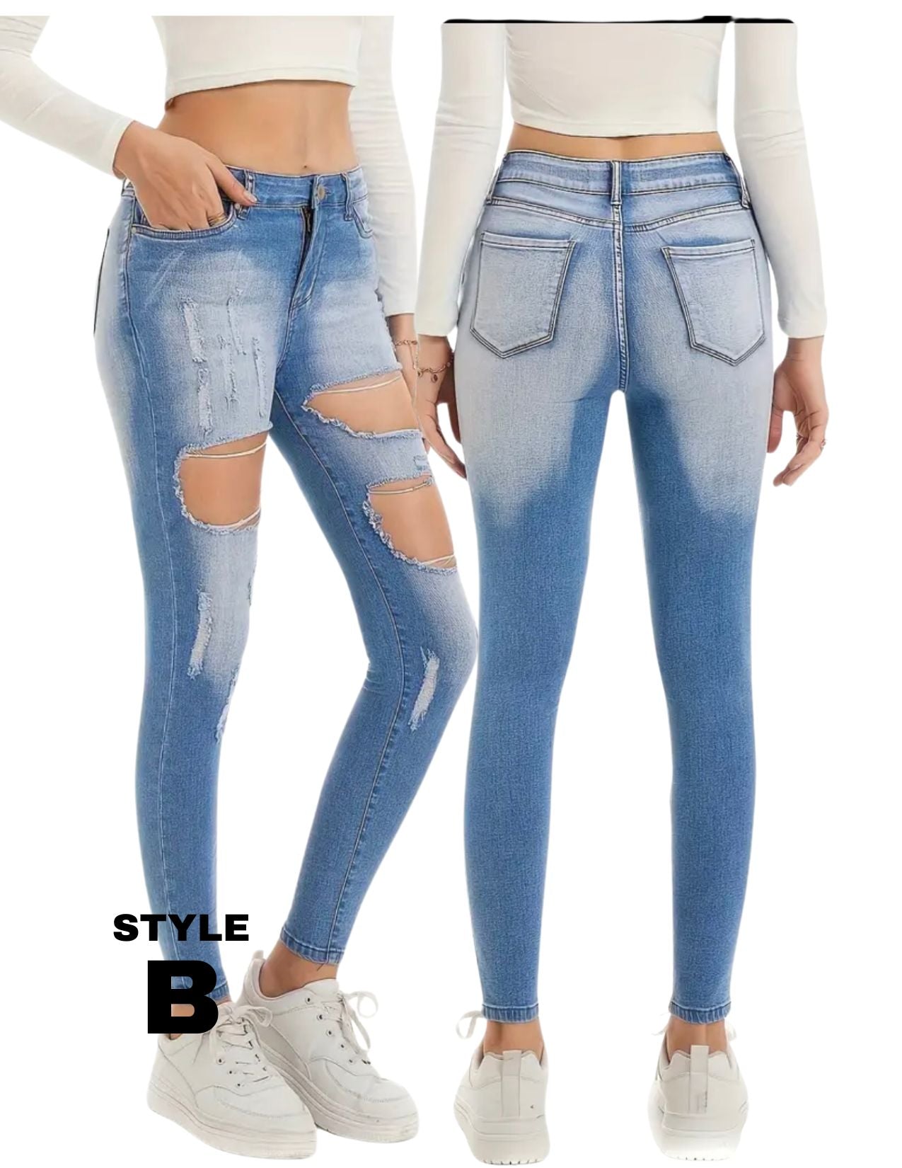 Stretchy Ripped Skinny Jeans, Water Ripple High Stretch Deep Blue Denim Pants, Casual Street Stylish Pants For Every Day, Women's Denim Jeans & Clothing