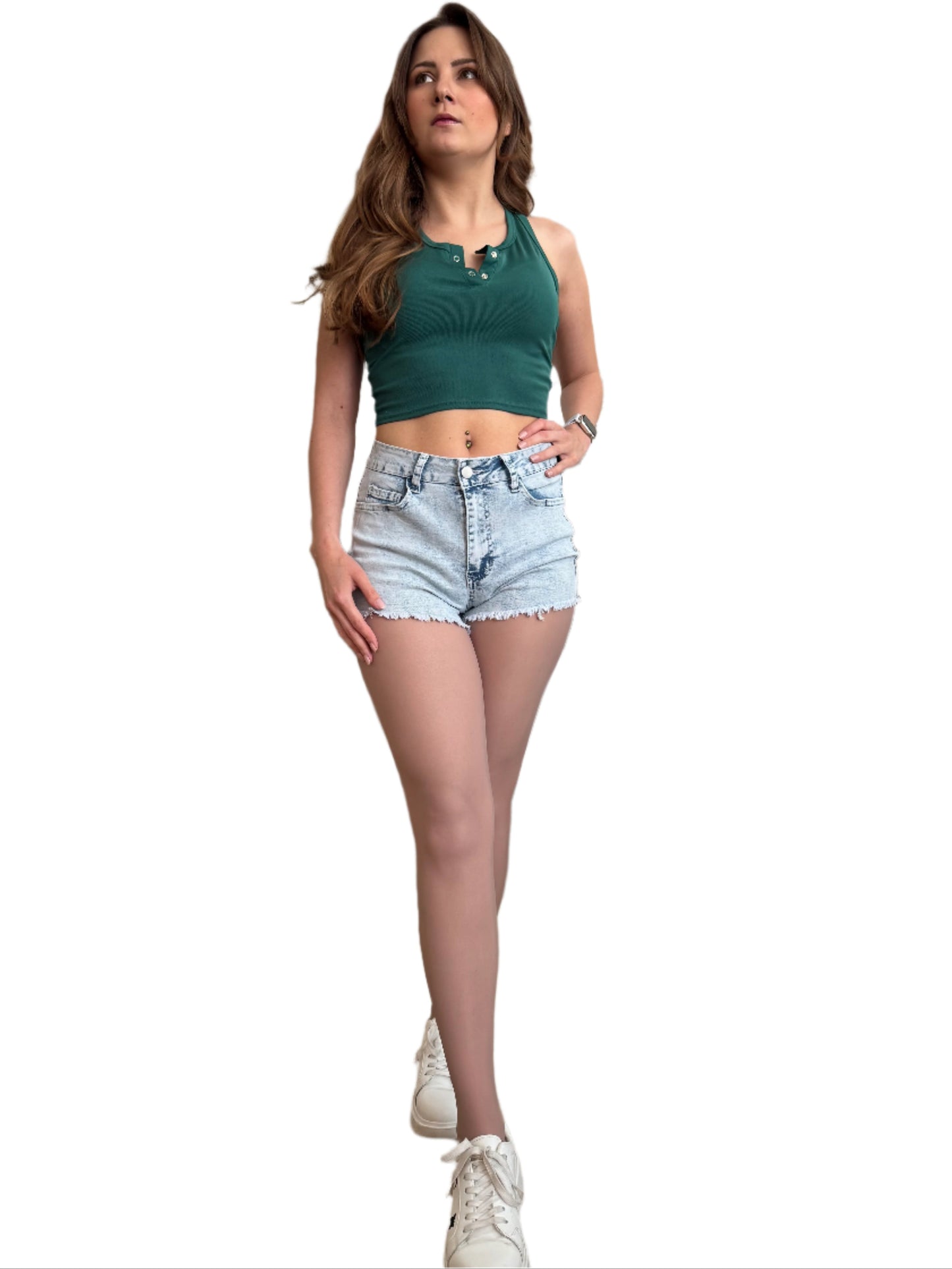 Stretchy Mid Rise Light Washed Blue Denim Jean Shorts with Frayed Hem and Comfortable Fit