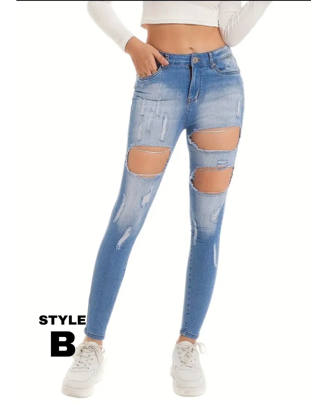 Stretchy Ripped Skinny Jeans, Water Ripple High Stretch Deep Blue Denim Pants, Casual Street Stylish Pants For Every Day, Women's Denim Jeans & Clothing