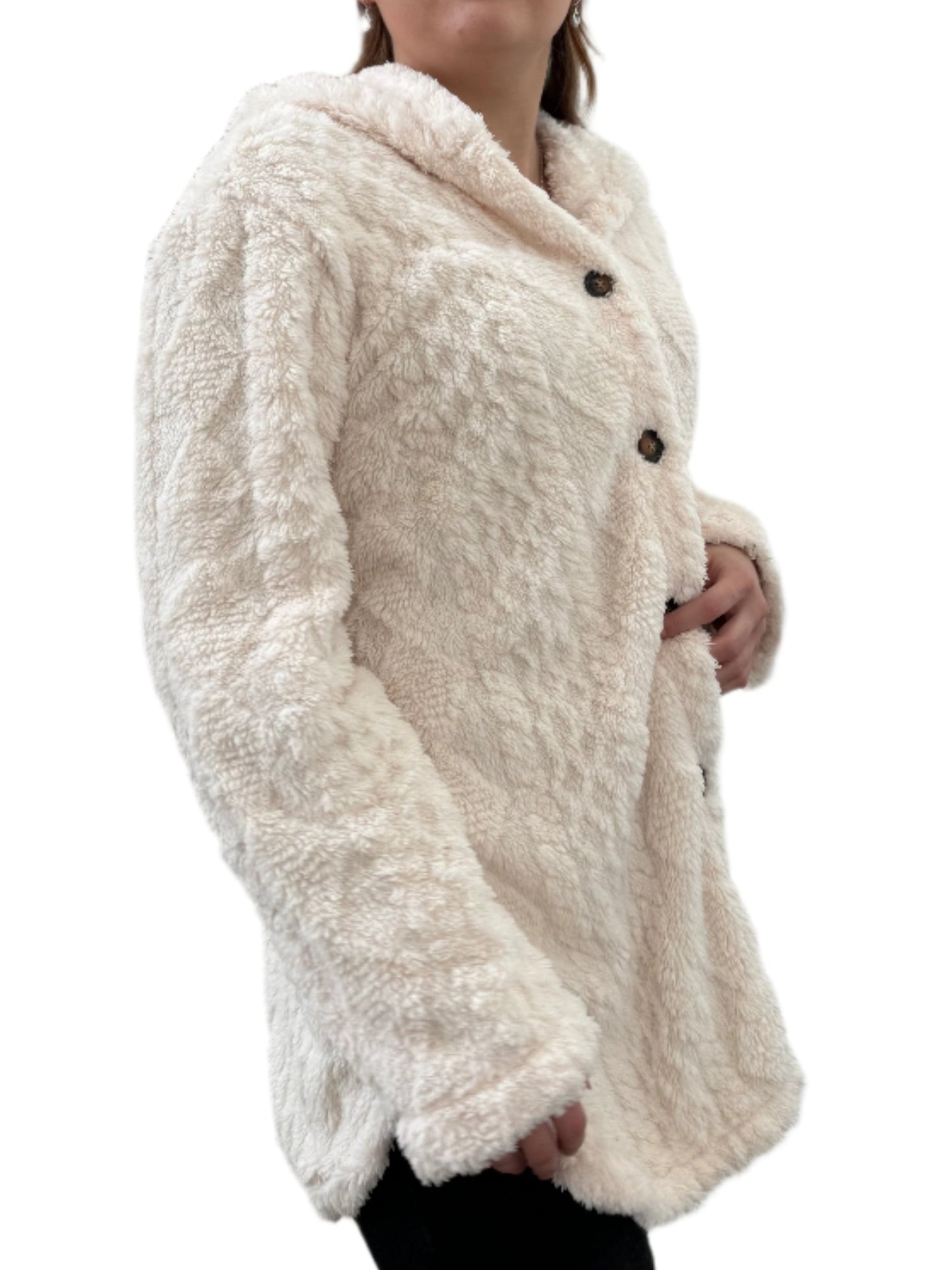 Solid Button Up Hooded Teddy Coat, Elegant Long Sleeve Split Side Faux Fur Outwear Jacket,Women's Clothing, Teddy Winter and Spring Jackets Womenswear Comfort, Cozy Plush Fuzzy Sherpa Faux Shearling Coat