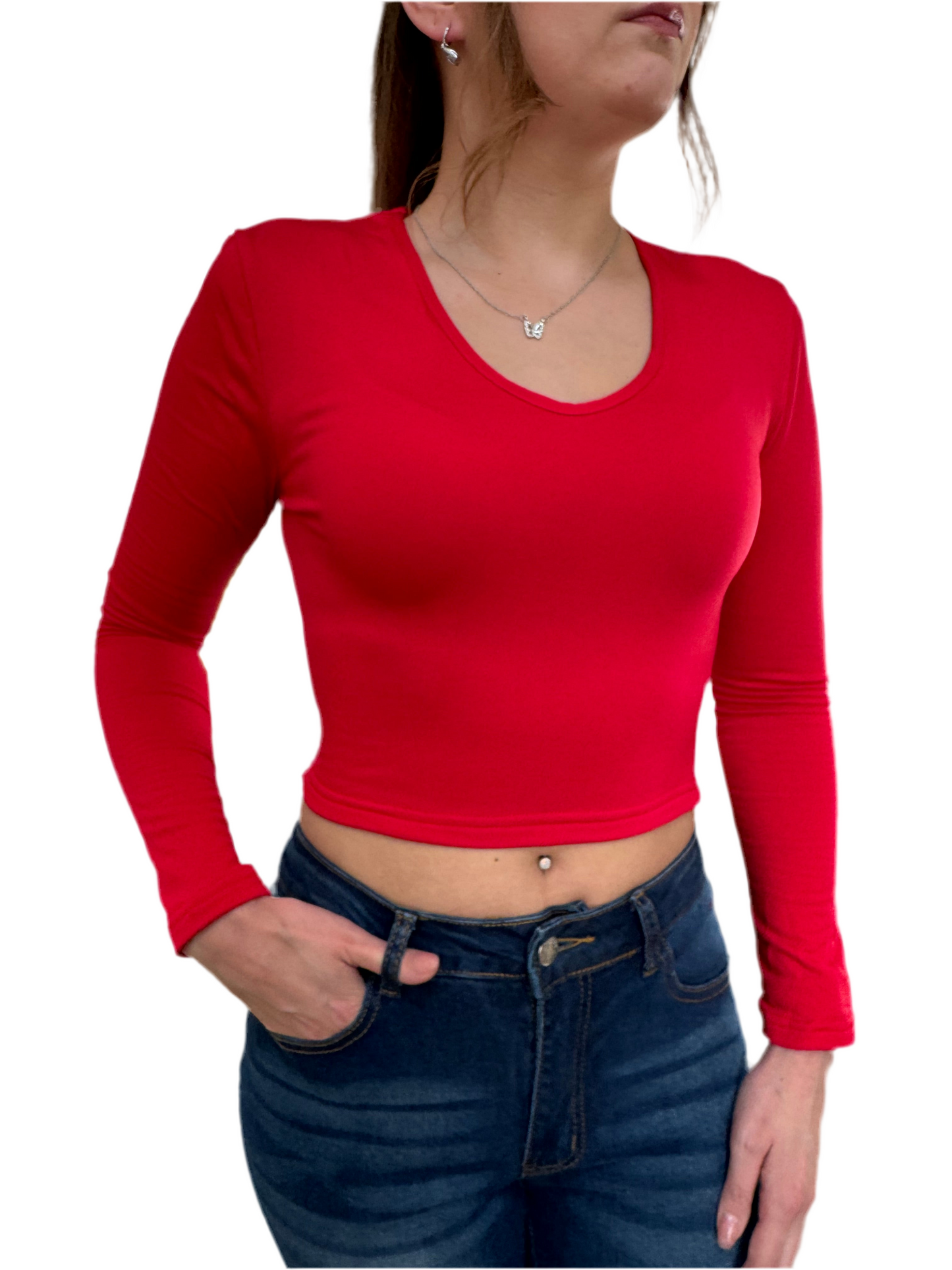 Solid V-Neck Slim Fleece Lined Top, Elegant Long Sleeve Top For Fall & Winter, Women's Clothing