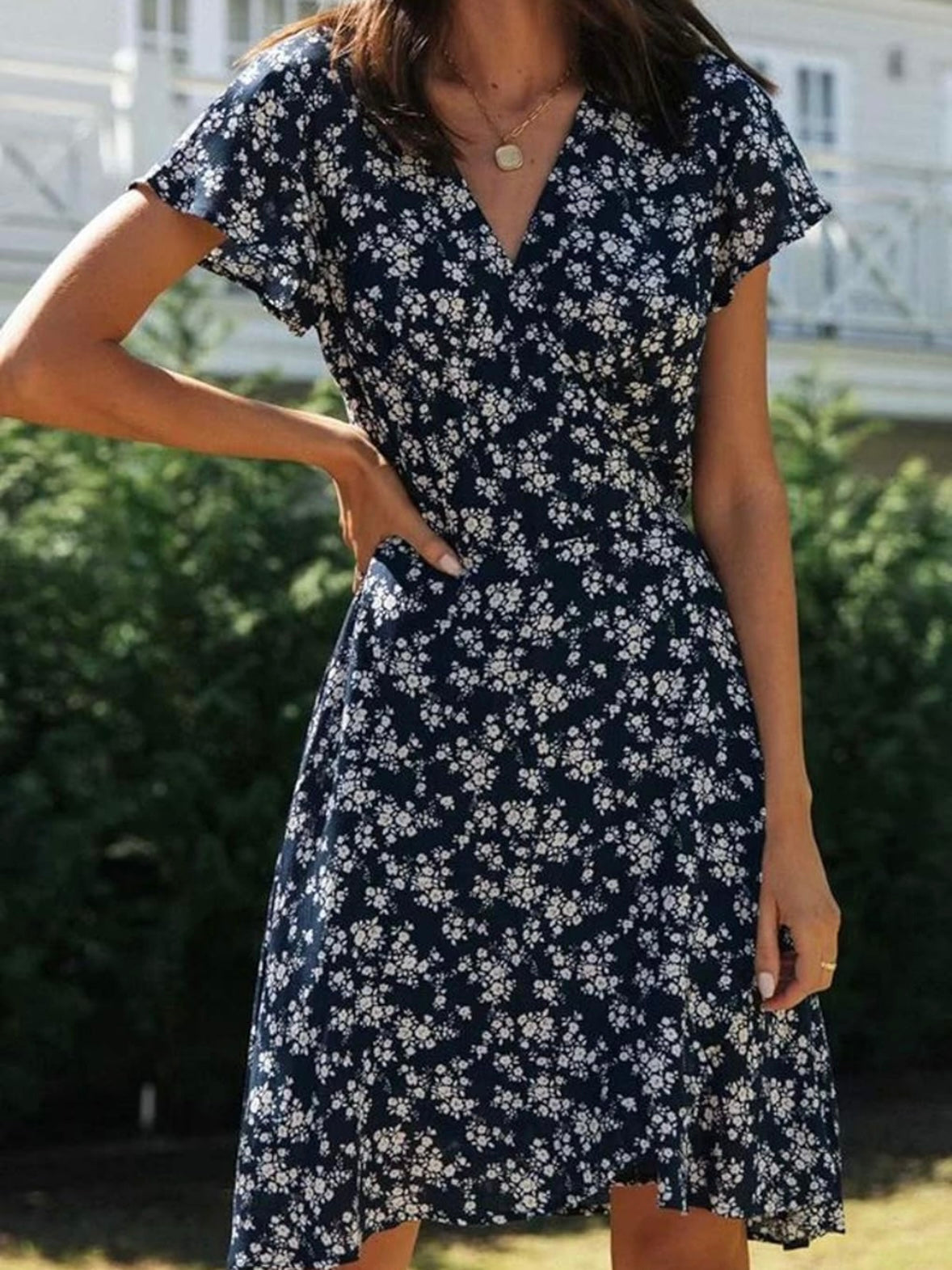 Fun Floral Print Navy Blue Tying Wrap Dress with Ruffles Dress, Beach Dress, Vacation Dress