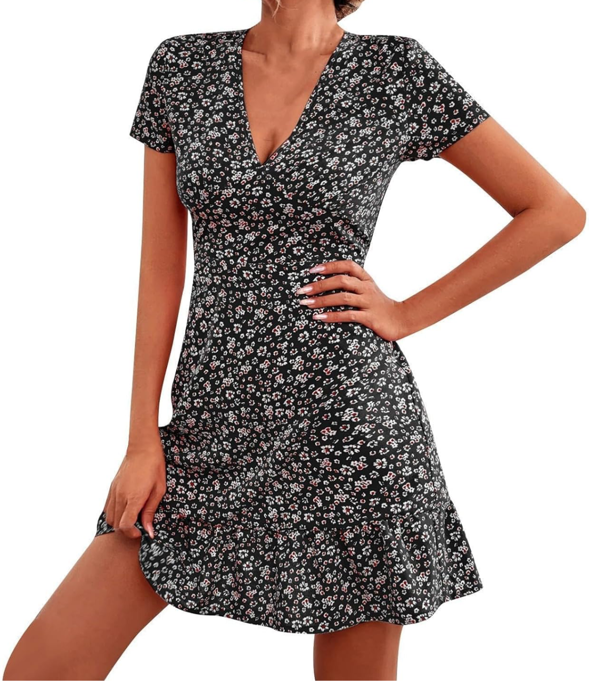 Beach Lightweight Dress, Red, Blue or Black Floral Short Sleeve Deep V-Neck Dress, Cover-Up Dress