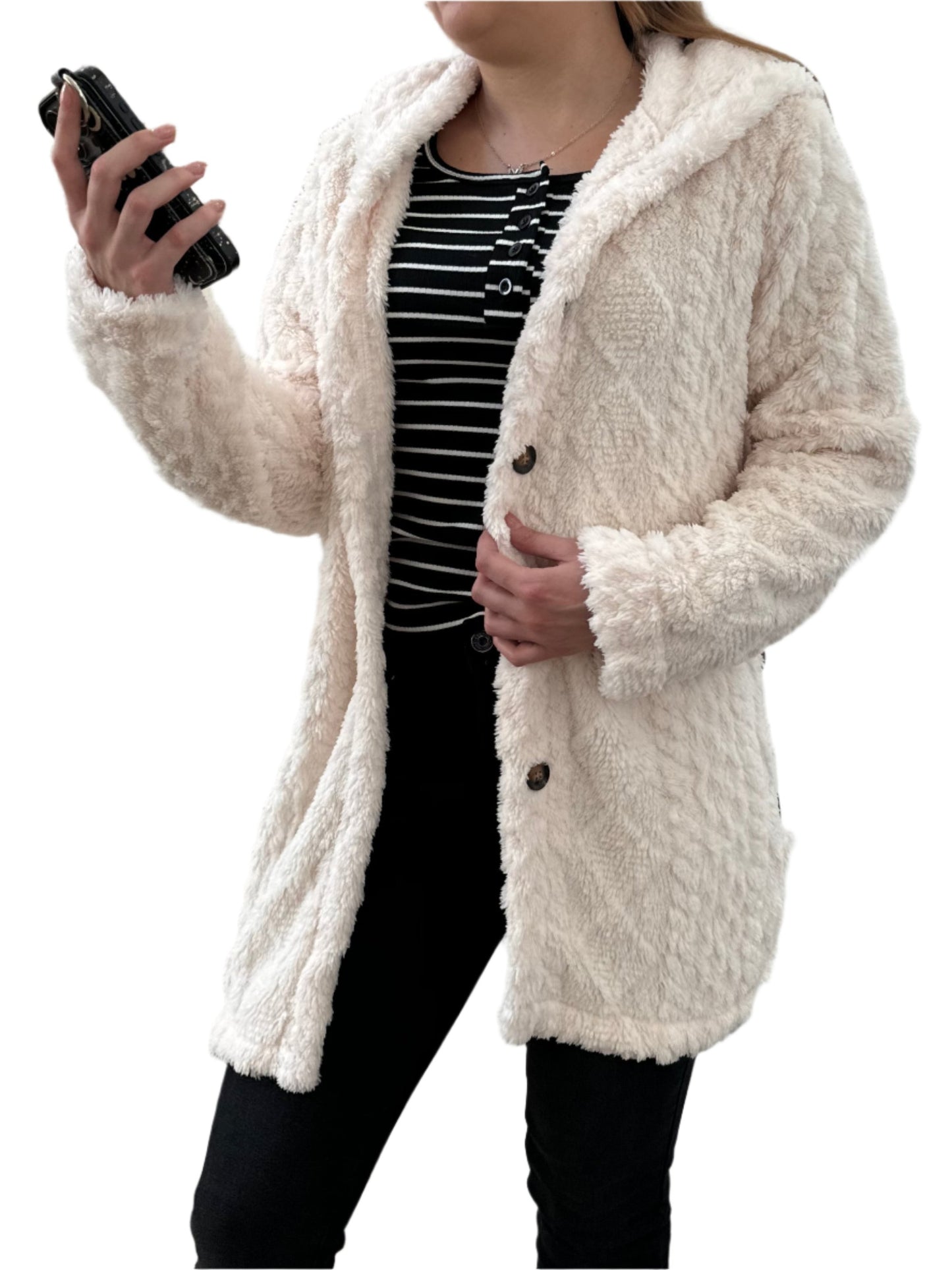 Solid Button Up Hooded Teddy Coat, Elegant Long Sleeve Split Side Faux Fur Outwear Jacket,Women's Clothing, Teddy Winter and Spring Jackets Womenswear Comfort, Cozy Plush Fuzzy Sherpa Faux Shearling Coat