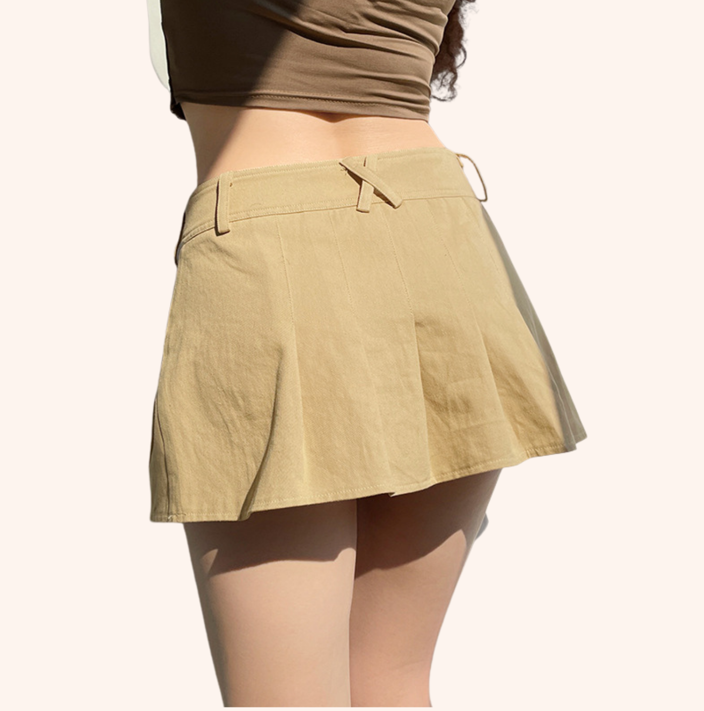 High Waisted Khaki Pleated Mini Skirt with Belt Loops