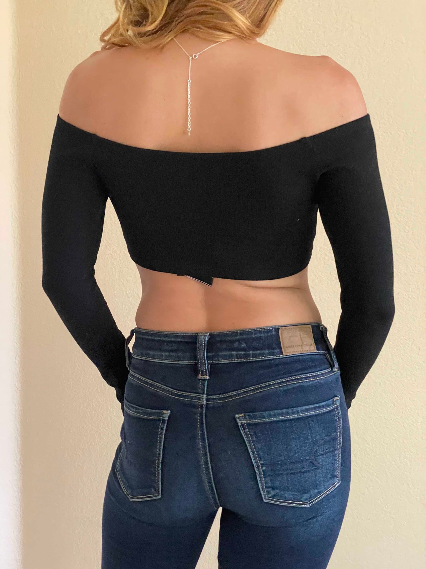Off The Shoulder Long Sleeve V-Neck Drawstring Tie Up Front Crop Top - Black