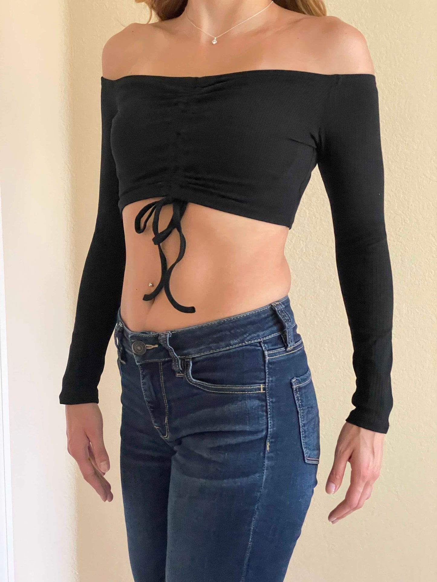 Off The Shoulder Long Sleeve V-Neck Drawstring Tie Up Front Crop Top - Black