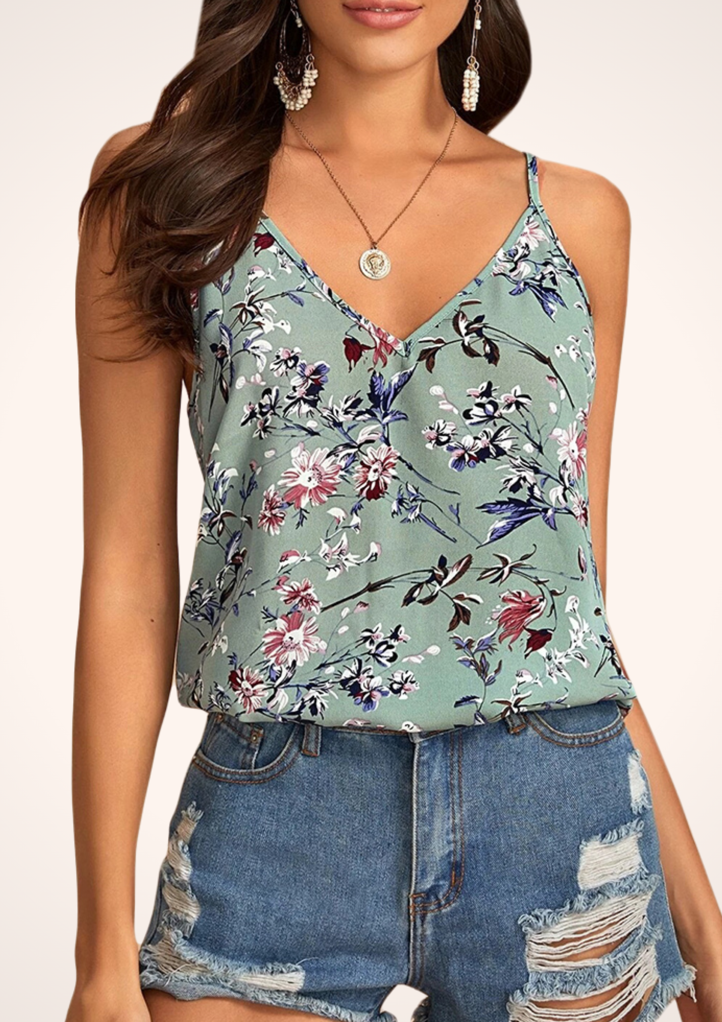 Floral V Neck Tank Top in Green