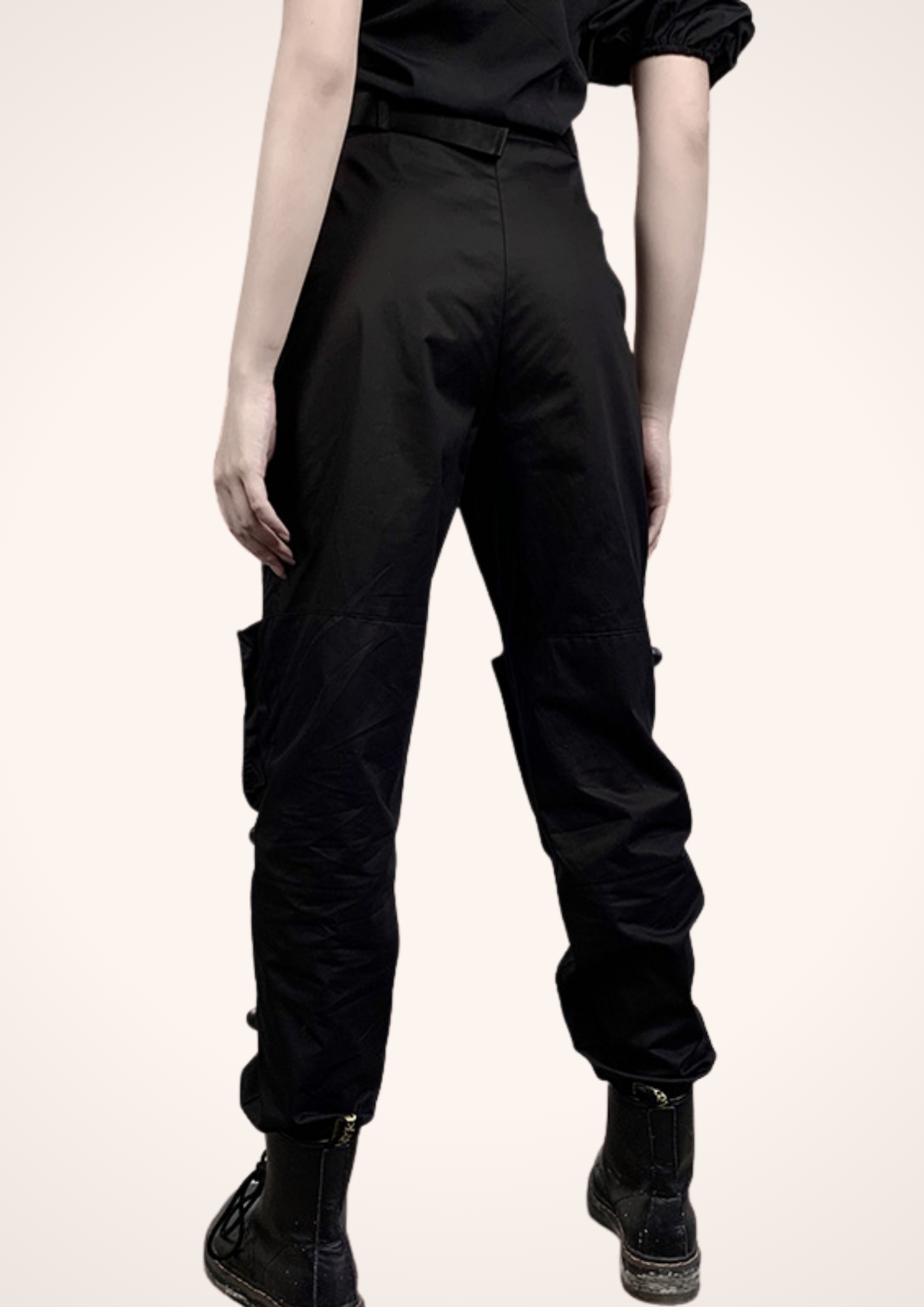 High Waist Loose Fit Harem Cargo Pants with Elastic Ankles in Black