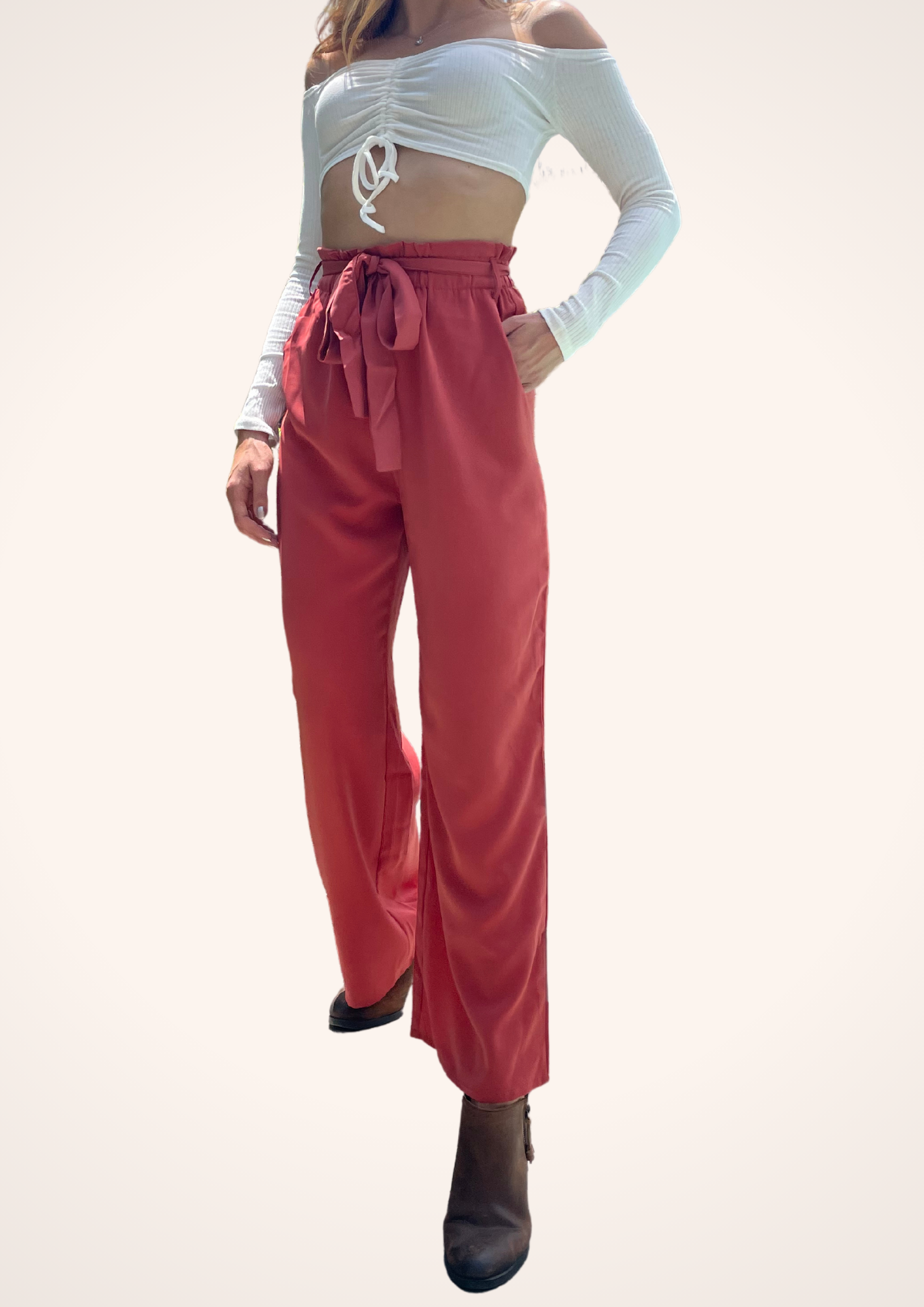 High Waisted Belted Wide Leg Pants in Red