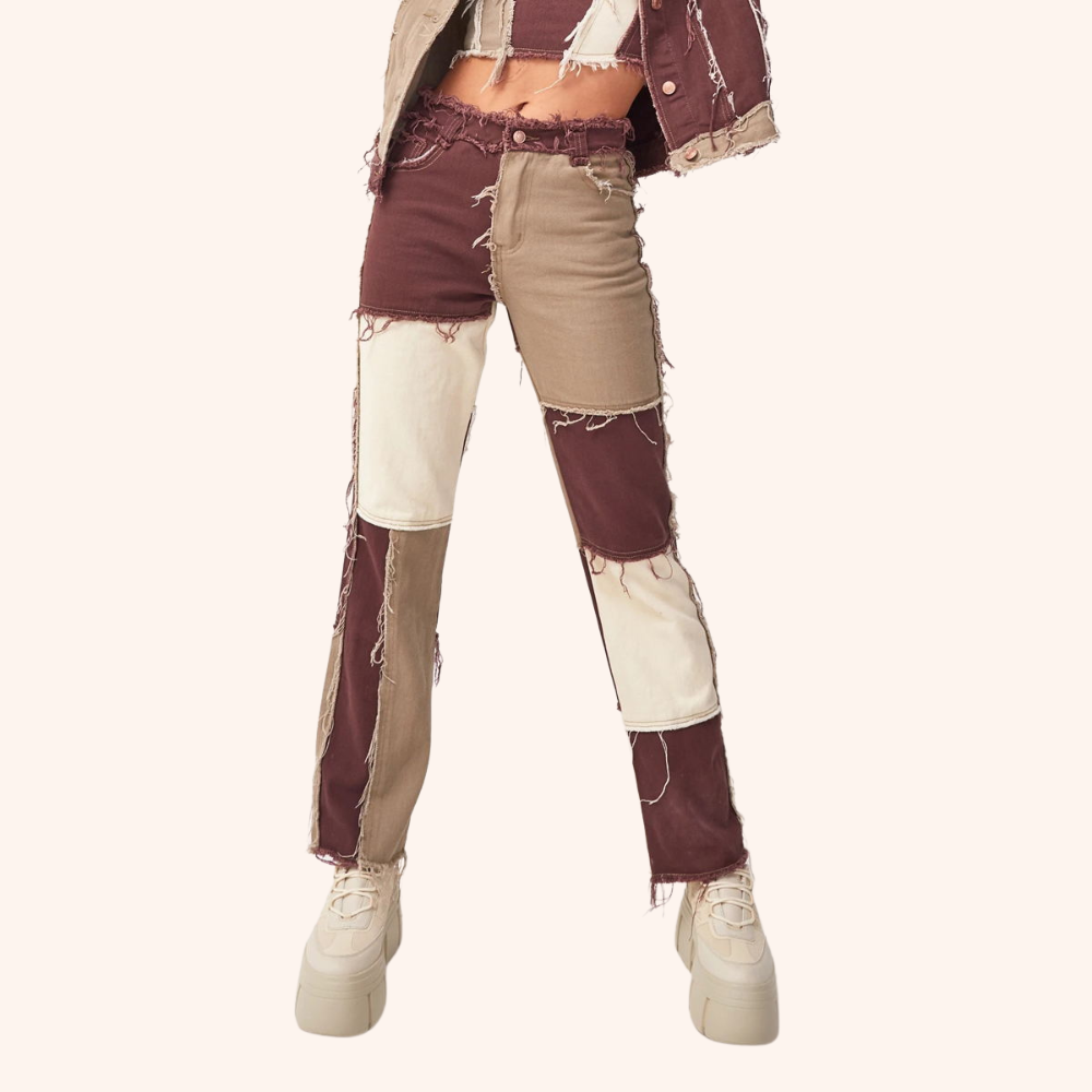 High Rise Slim Fit Brown Patchwork Jeans