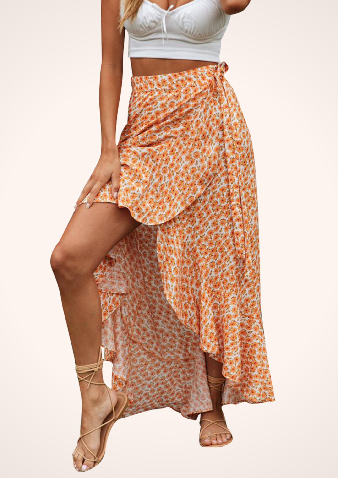 Power and Flowers Orange Asymmetrical Chiffon Wrapped Maxi Skirt, Beach Vacation Casual Womenswear