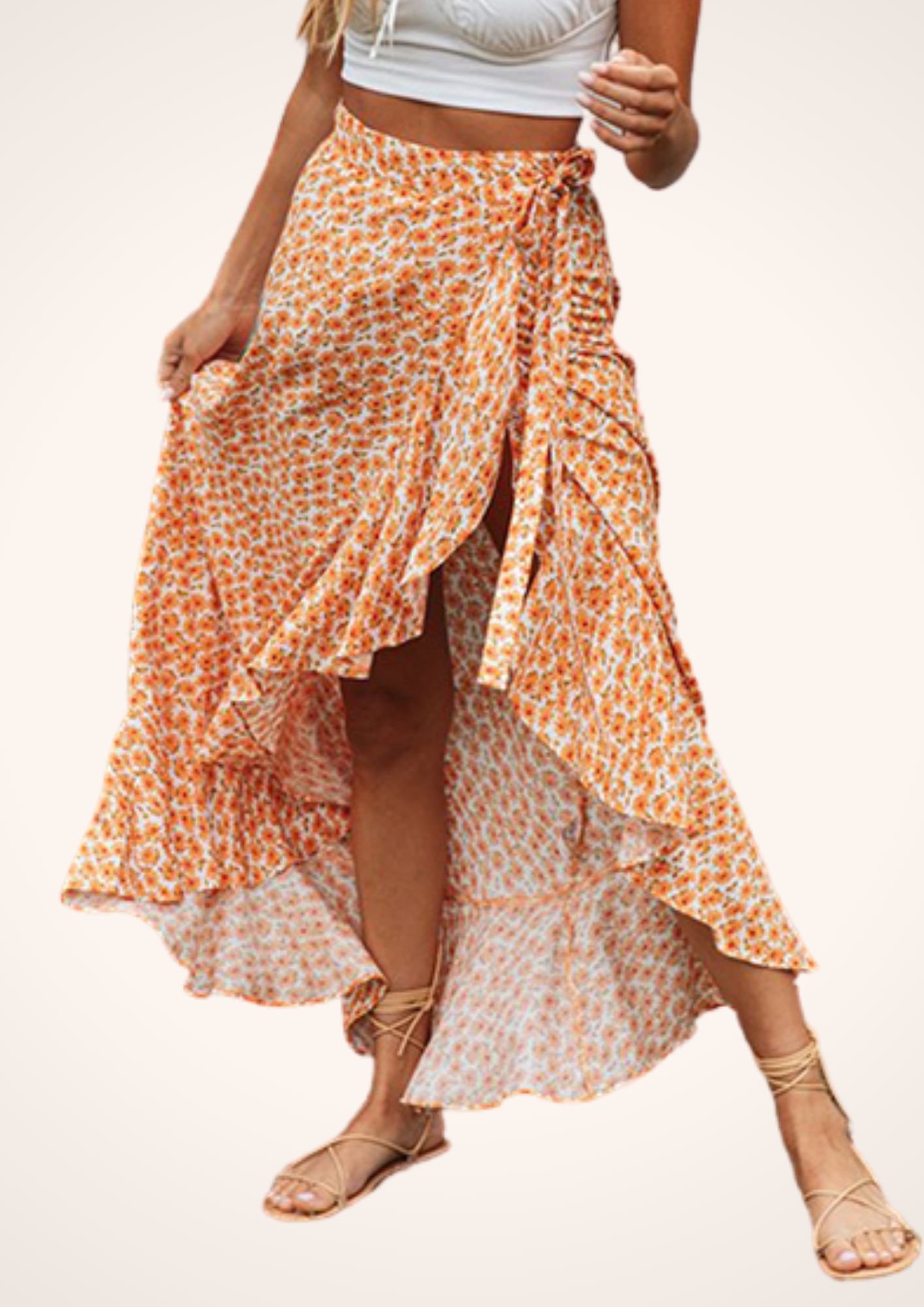 Power and Flowers Orange Asymmetrical Chiffon Wrapped Maxi Skirt, Beach Vacation Casual Womenswear