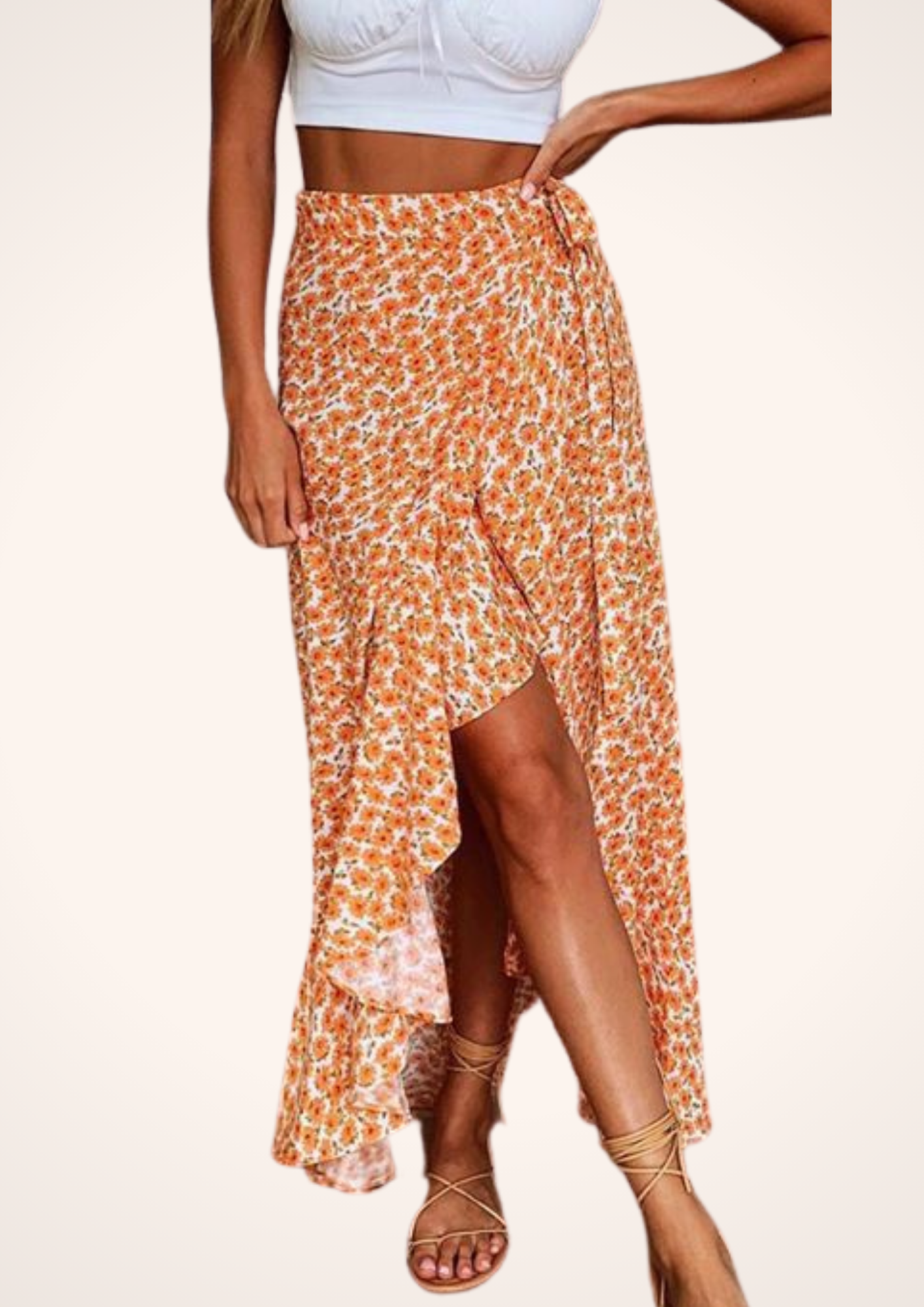 Power and Flowers Orange Asymmetrical Chiffon Wrapped Maxi Skirt, Beach Vacation Casual Womenswear