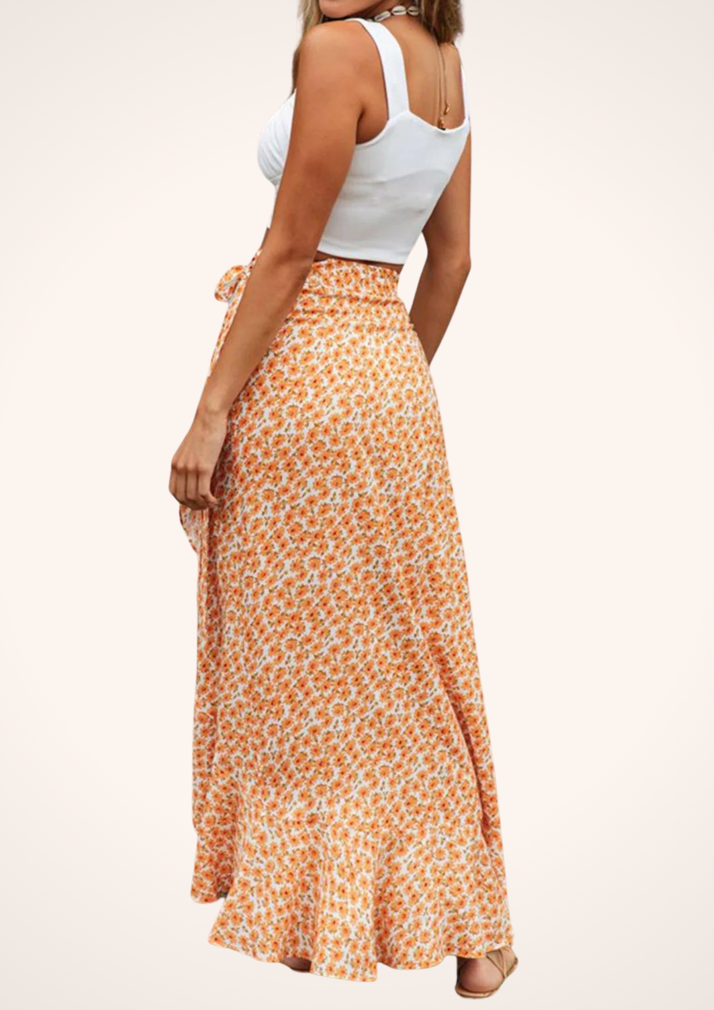 Power and Flowers Orange Asymmetrical Chiffon Wrapped Maxi Skirt, Beach Vacation Casual Womenswear