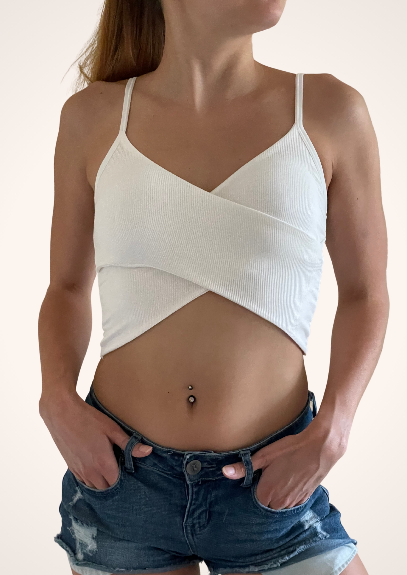Cross Wrap Padded Camisole Crop Top in White