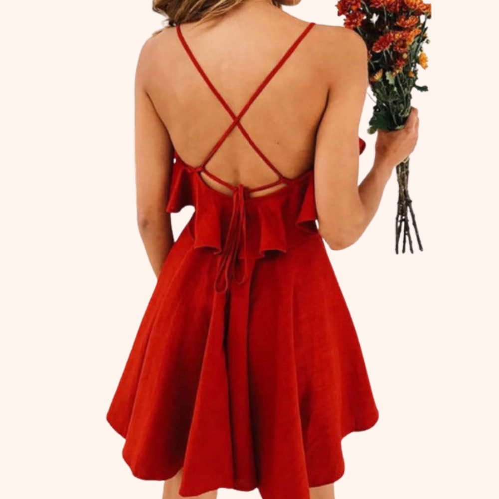 Roses are Red Cross Back Ruffles V Neck Mini Dress