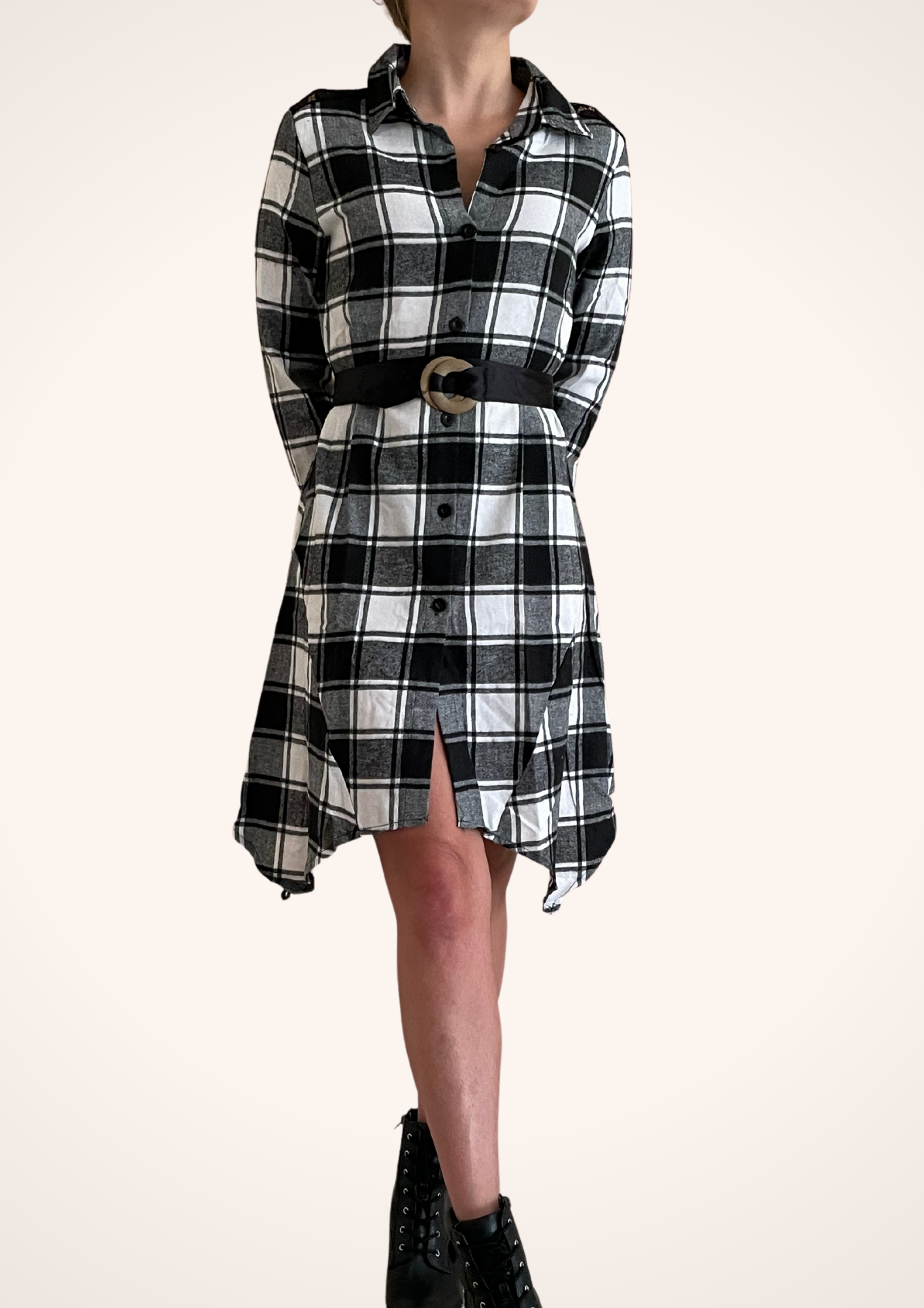 Perfectly Plaid Black and White Long Sleeve Belted Dress