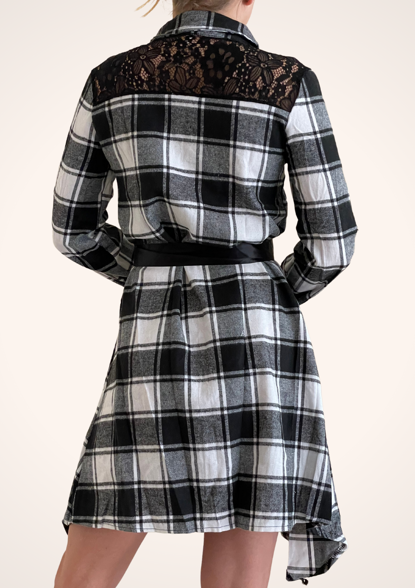Perfectly Plaid Black and White Long Sleeve Belted Dress
