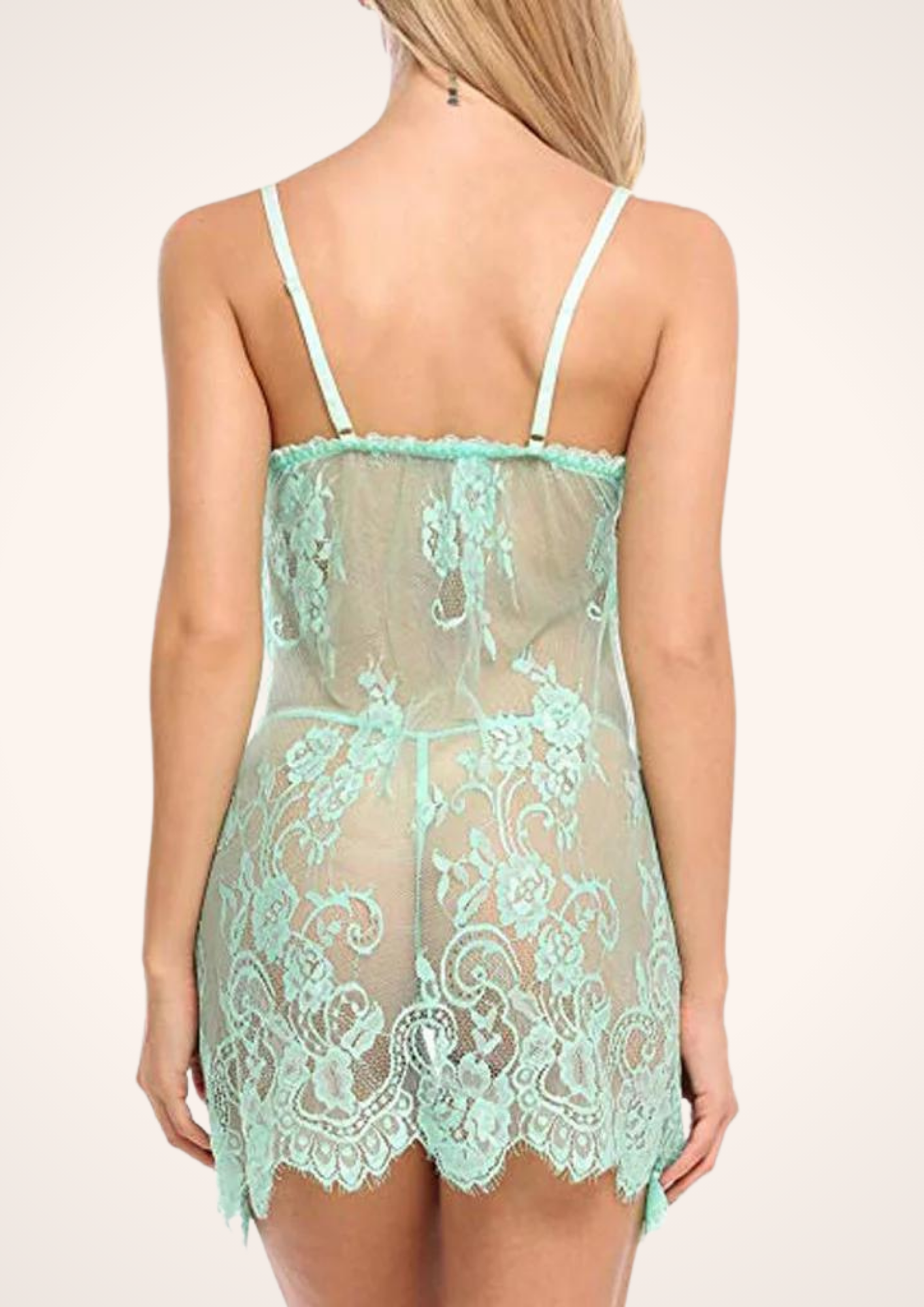 Sexy Sheer Open Front Lace Babydoll and G-String Lingerie Set in Mint Green