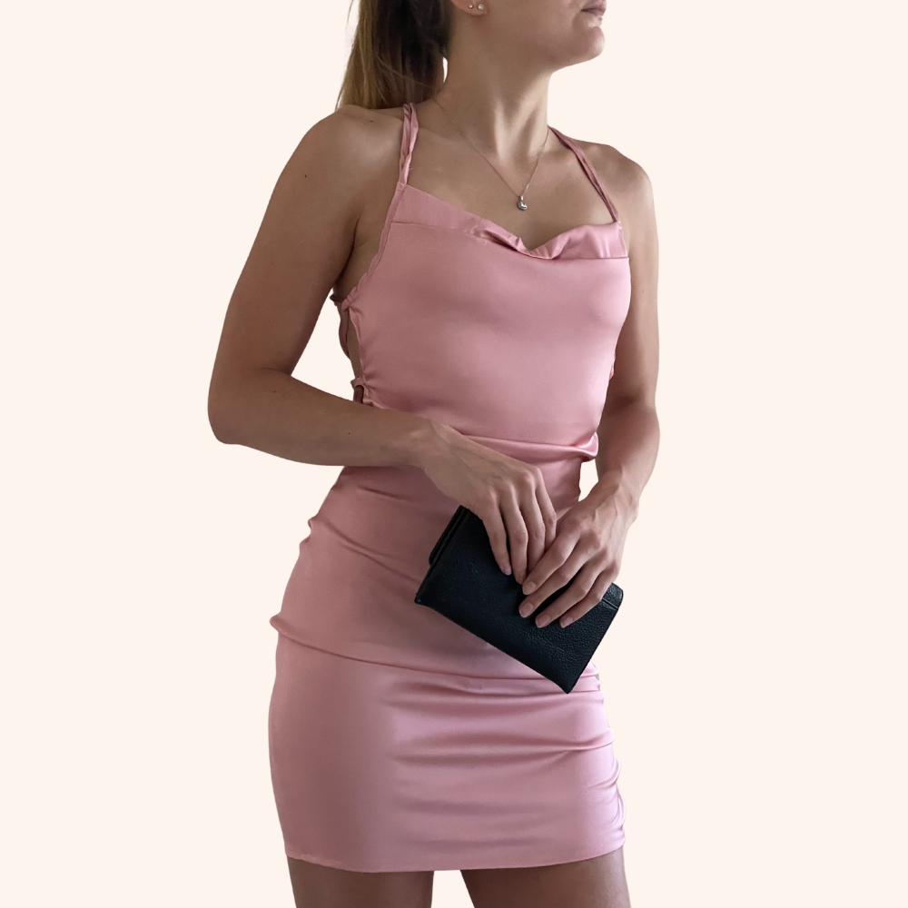 Solid Pink Satin Silk Cowl Neck Sleeveless Lace Up Dress