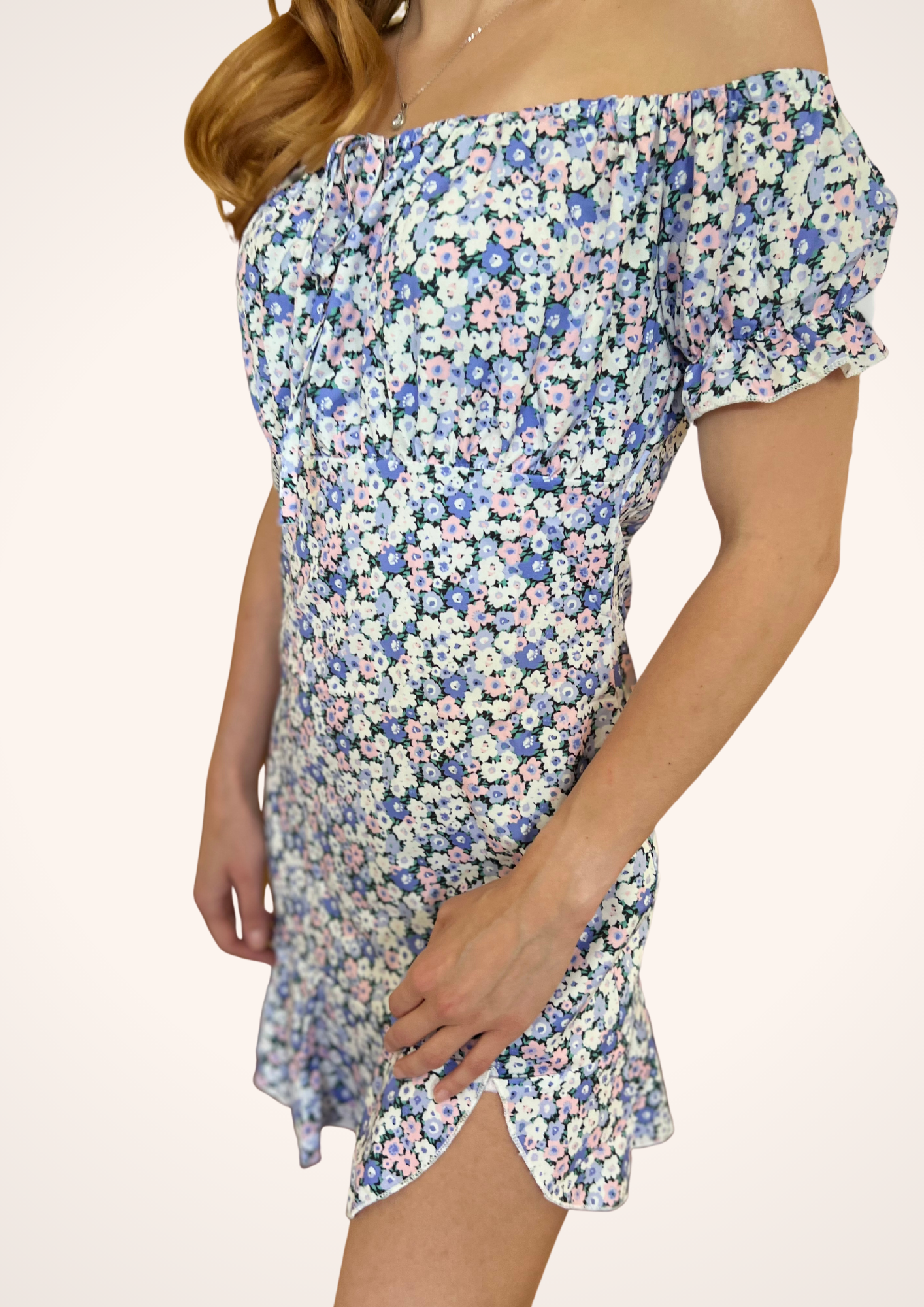 Off-The-Shoulder Light Purple and Pink Floral Ruffle Mini Dress