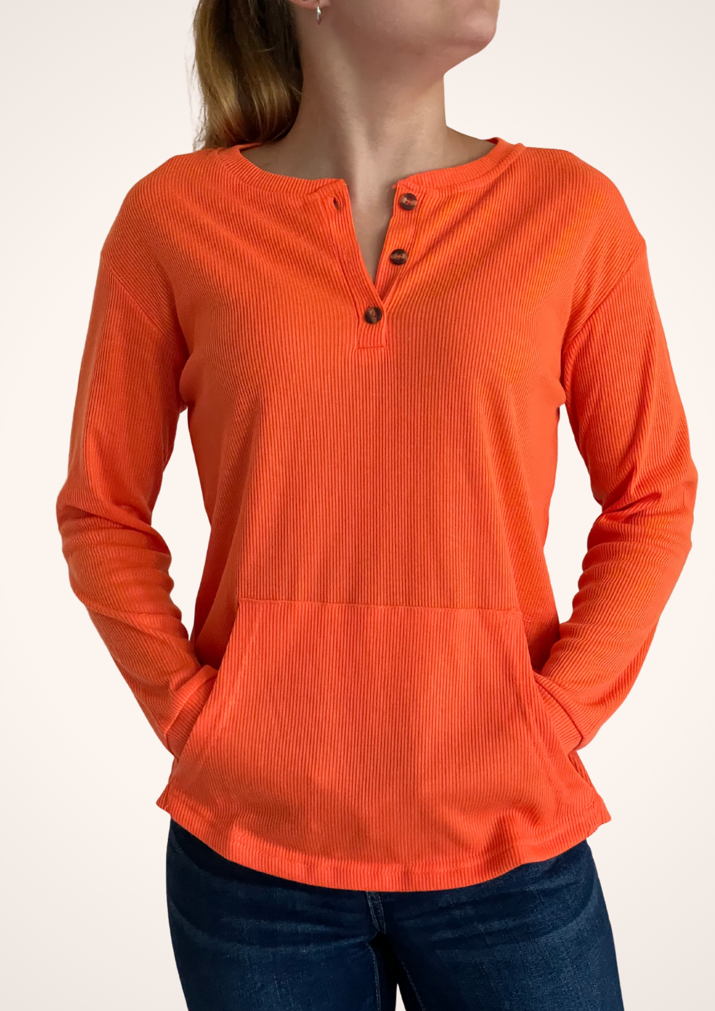 Ribbed 3 Button Long Sleeve Top in Orange
