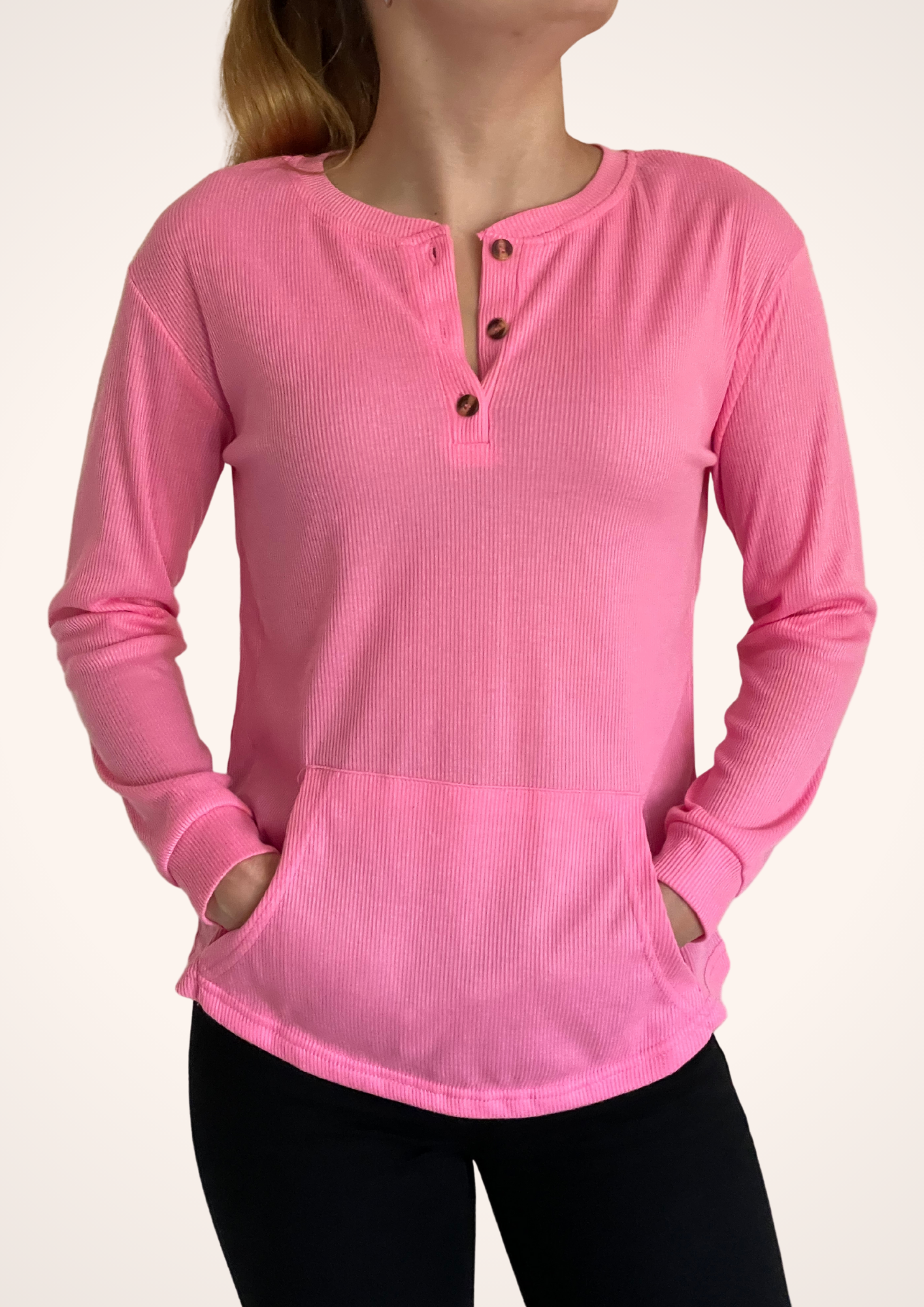Ribbed 3 Button Long Sleeve Top in Pink