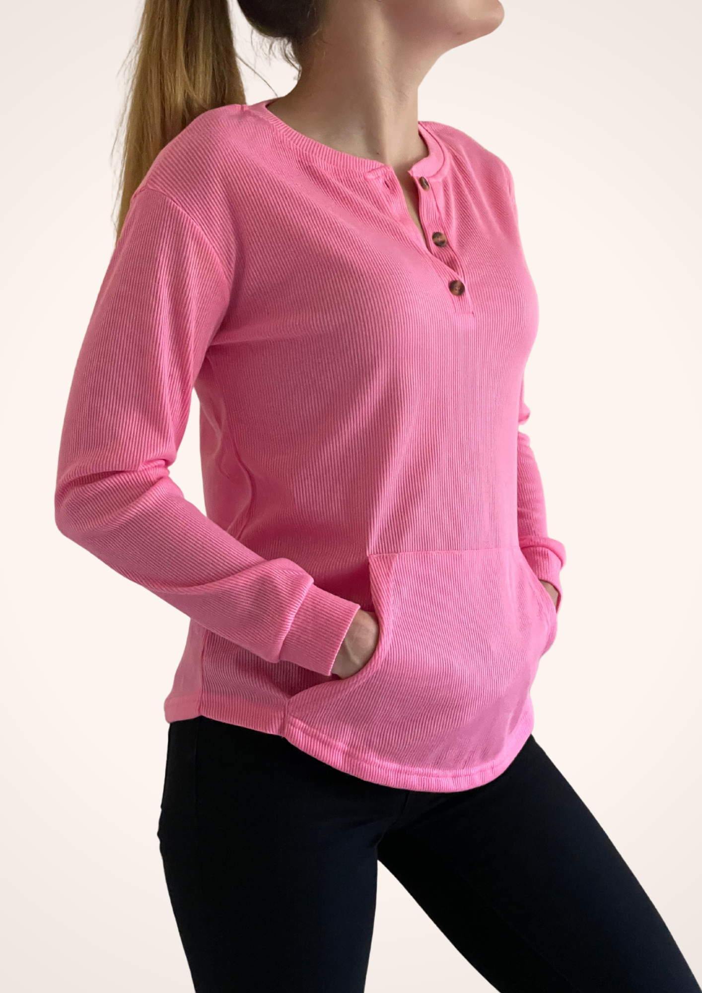 Ribbed 3 Button Long Sleeve Top in Pink