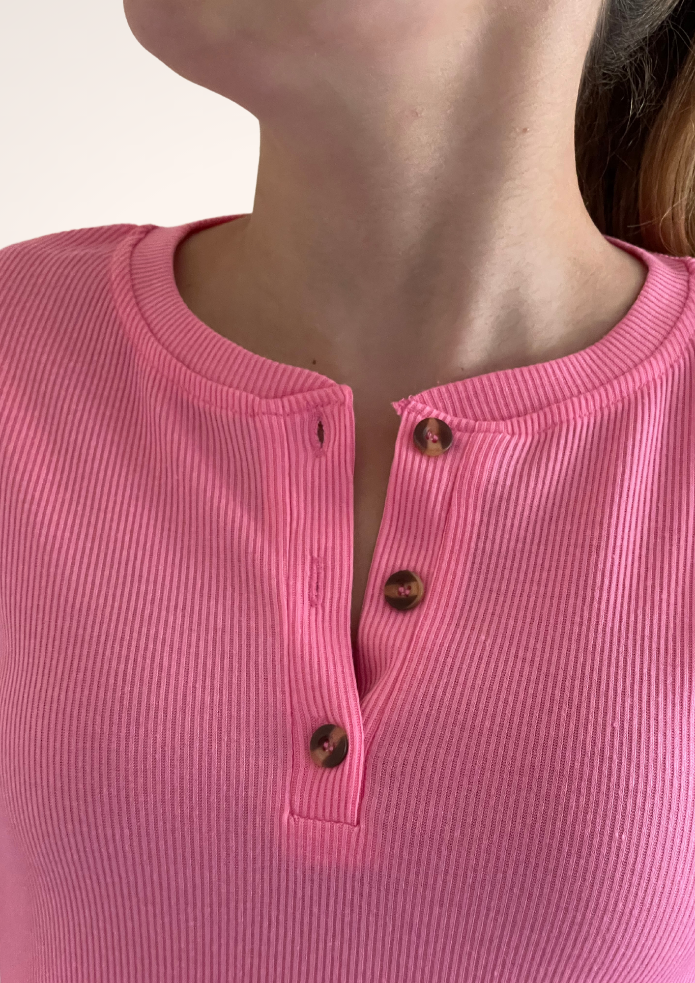 Ribbed 3 Button Long Sleeve Top in Pink