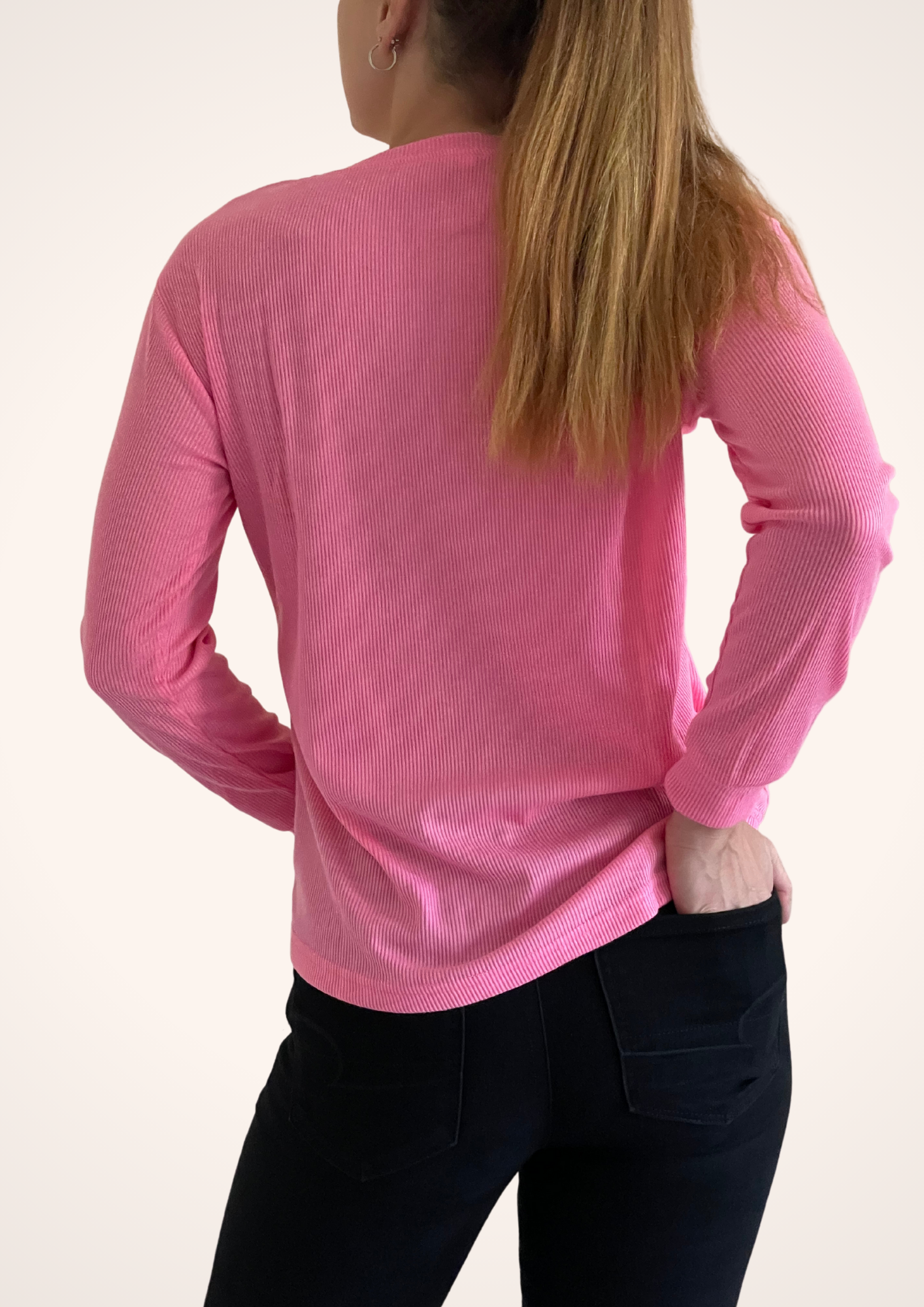 Ribbed 3 Button Long Sleeve Top in Pink