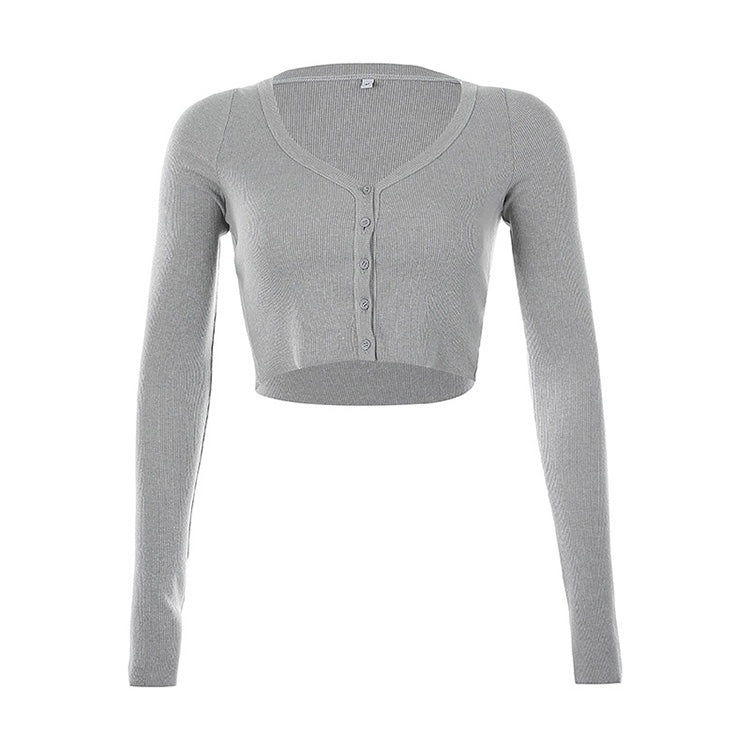 Long Sleeve Sweetheart Neck Button Down Ribbed Gray Crop Top